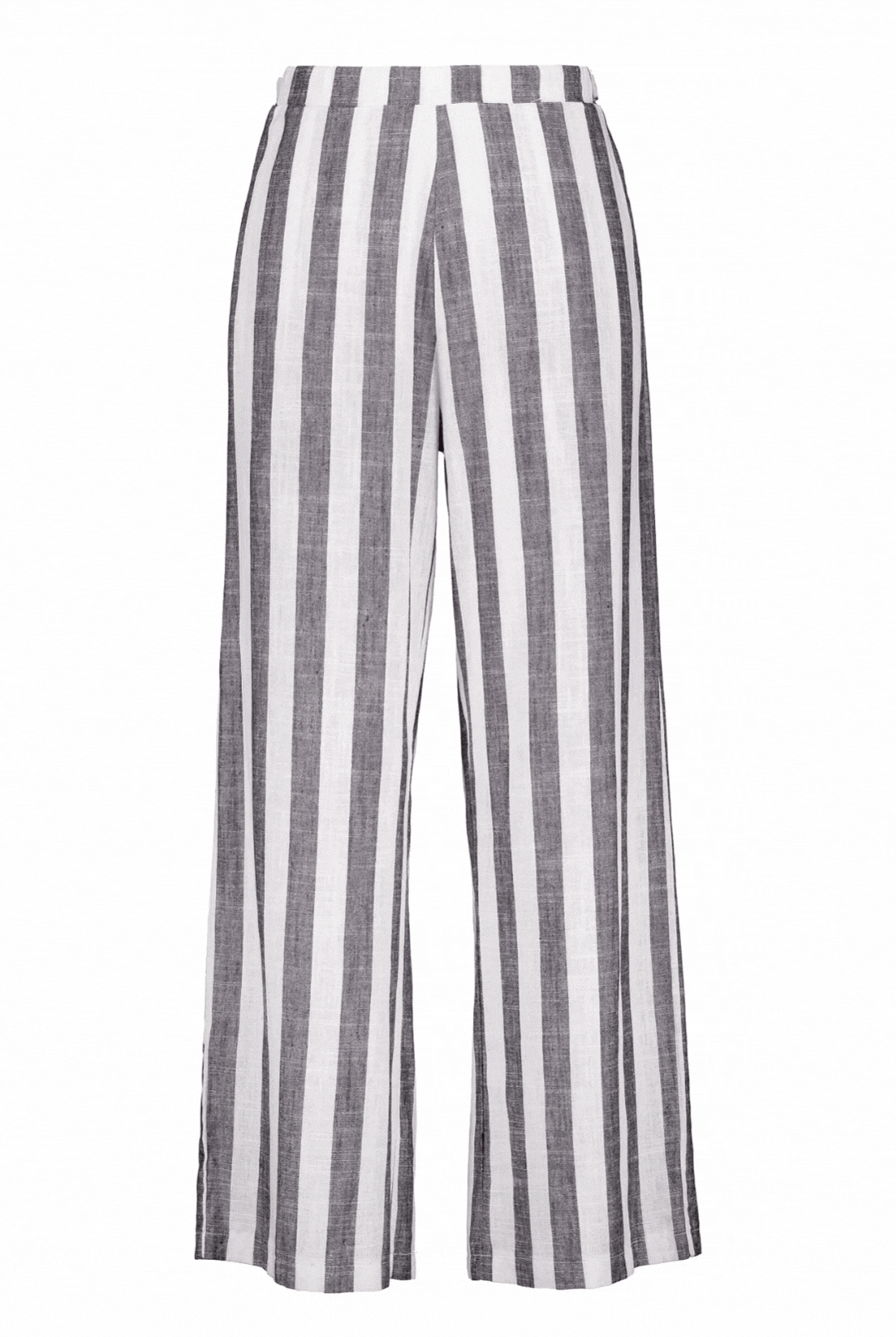 Jessie Wide Leg Pant featuring elegant vertical grey and white stripes, crafted in bamboo and luxe linen blend. The pants showcase a flowing wide-leg silhouette with a high waistline and full-length design, perfect for adaptive comfort and style.