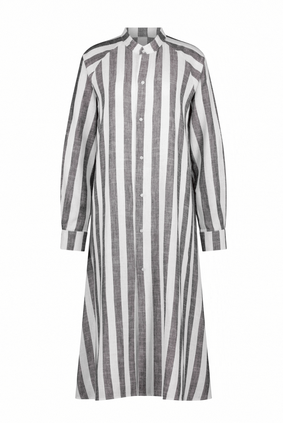 Sapphire Magnetic Shirt Dress in elegant grey and white vertical stripes, featuring a long-length design with full-length sleeves, collar neckline, and magnetic front closure. Made from premium linen fabric with a relaxed silhouette and classic striped pattern perfect for adaptive fashion.