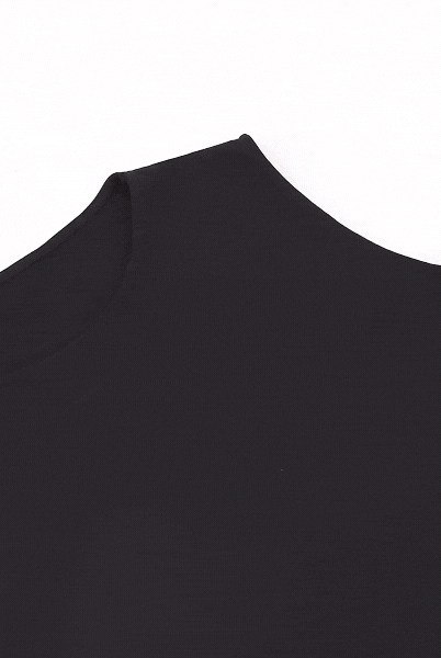 Wicky Smart-Tech Vest in sleek black fabric, showcasing a minimalist neckline detail and smooth surface texture, highlighting the stain-resistant technology and adaptive design features in a close-up product view against white background.