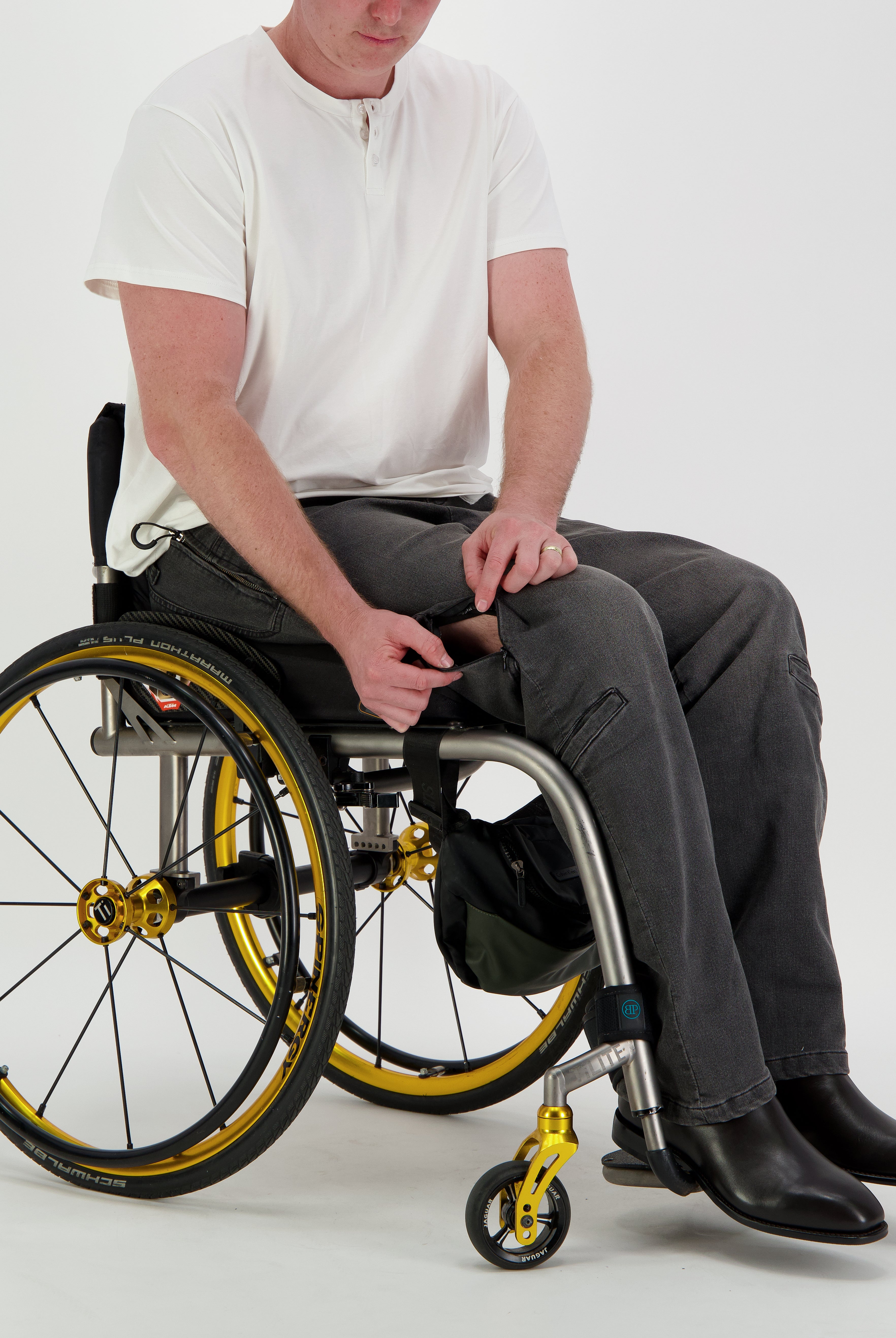 Stephen Seated Jeans for Male Wheelchair Users - Grey 2 & 3 Access Points - Christina Stephens