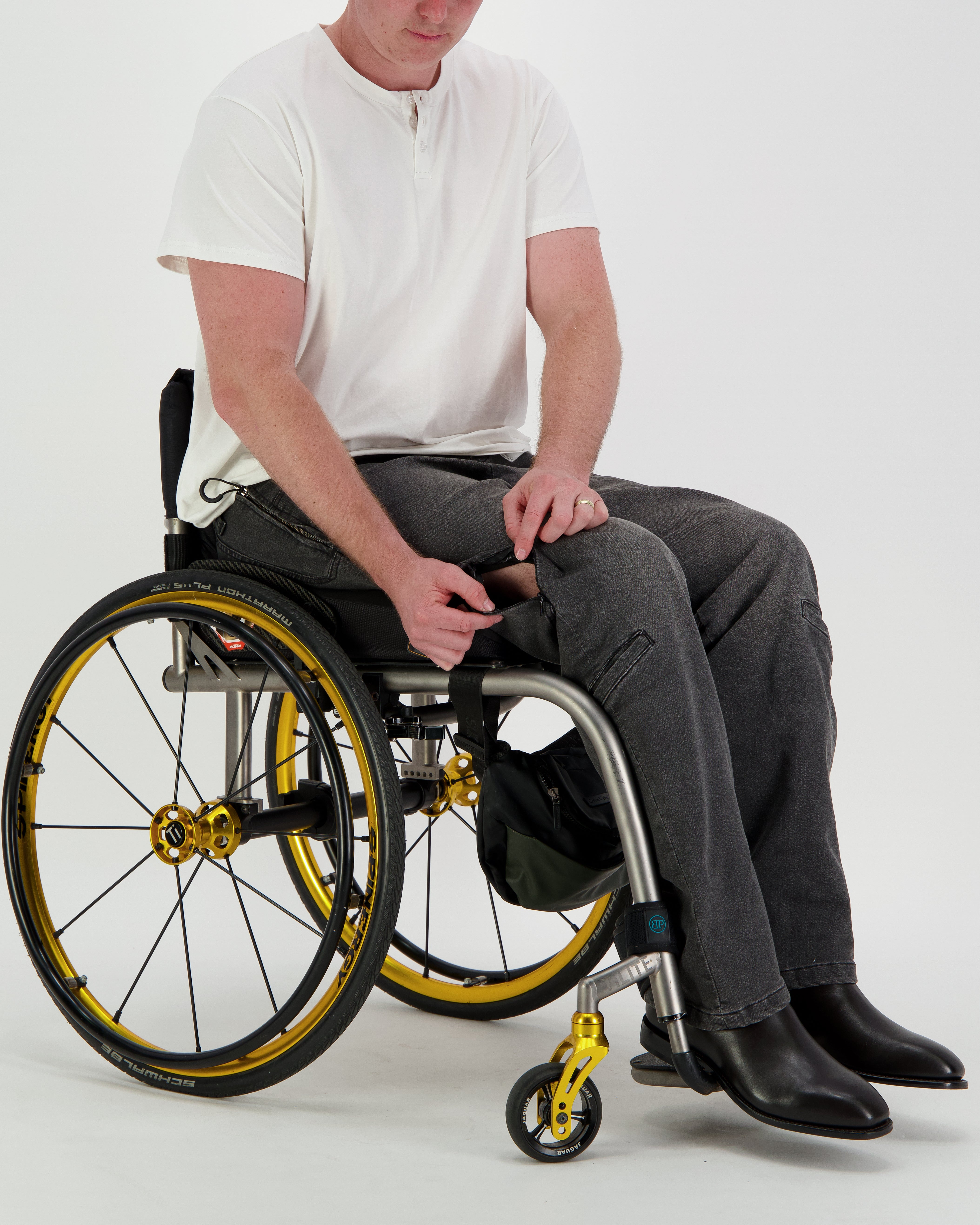 Stephen Seated Jeans for Male Wheelchair Users - Grey 2 & 3 Access Points - Christina Stephens