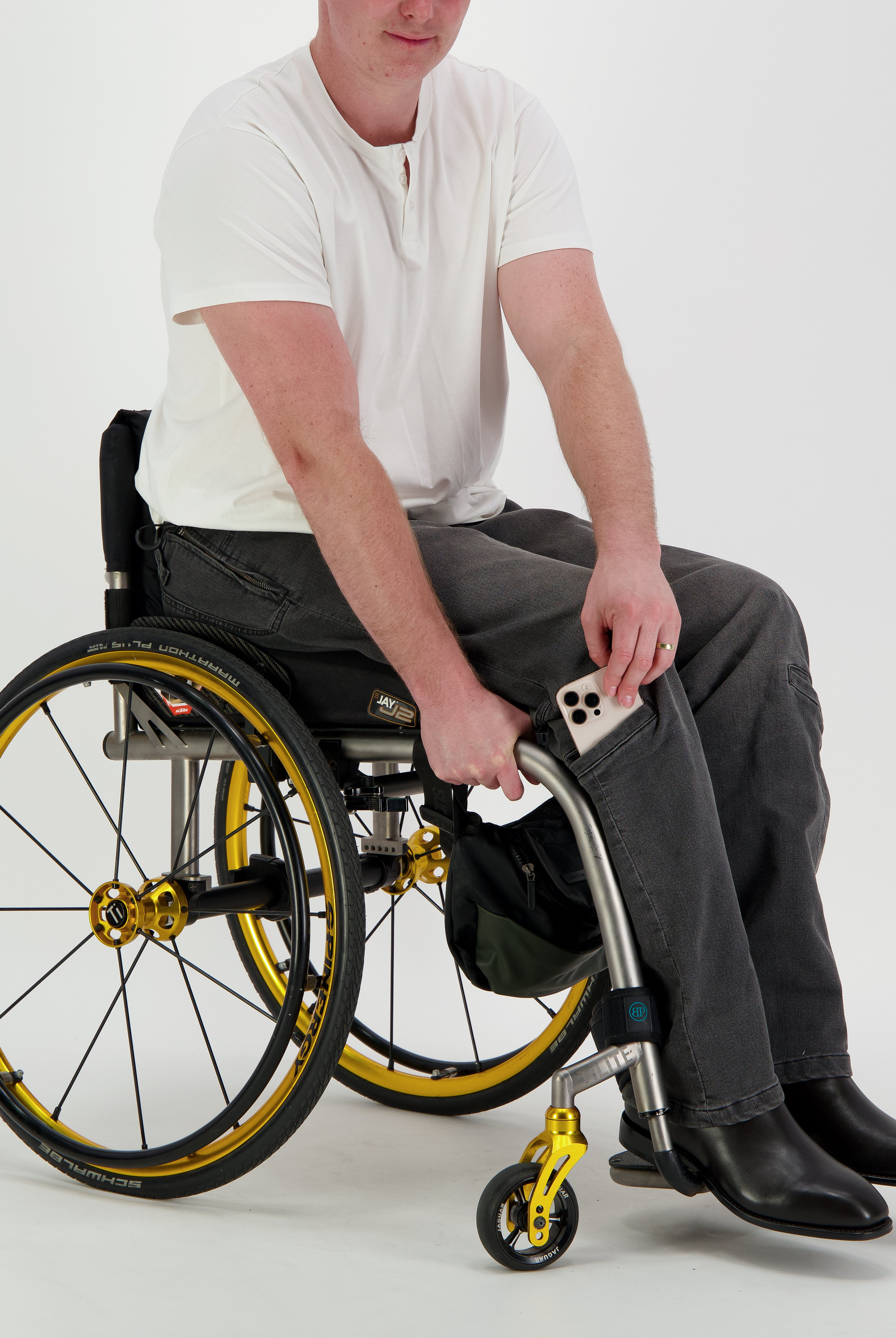 Stephen Seated Jeans for Male Wheelchair Users - Grey 2 & 3 Access Points - Christina Stephens