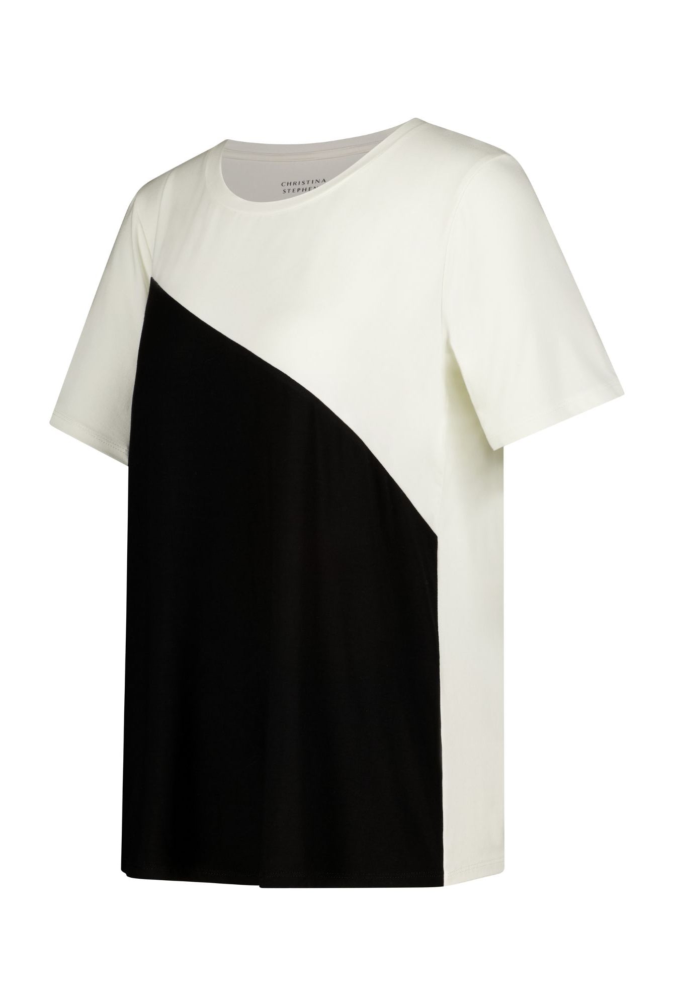 Short Sleeve Leaf Back T-Shirt featuring a modern two-tone design in black and white with diagonal color blocking, round neckline, and relaxed fit silhouette, creating a contemporary casual look
