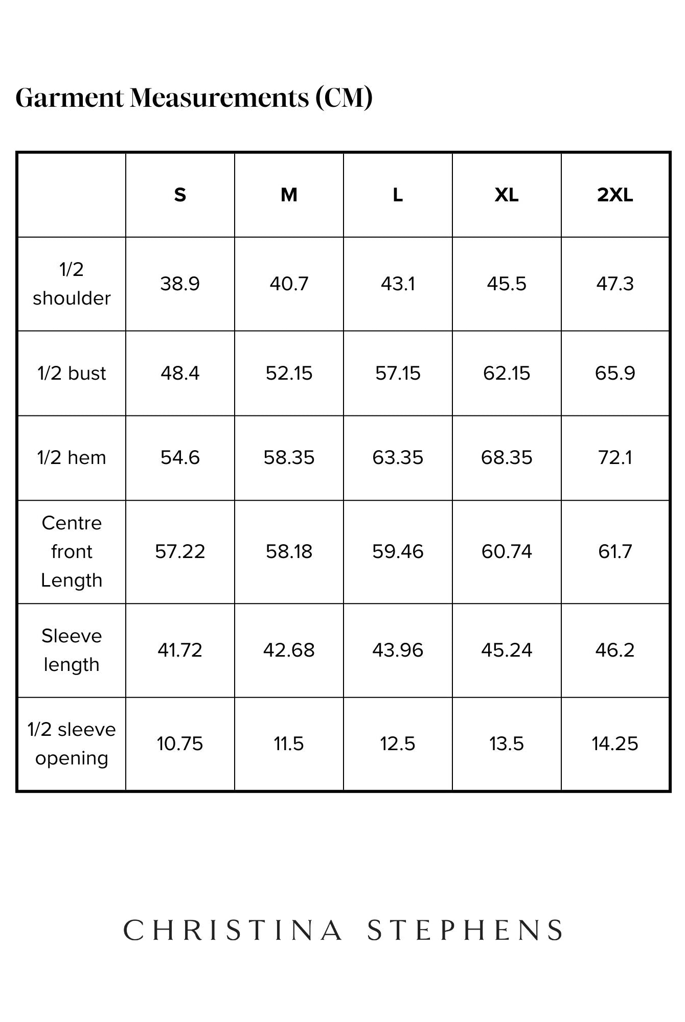 Size chart for 3/4 Sleeve Leaf Back T-Shirt displaying detailed measurements in centimeters across S to 2XL sizes, including shoulder width, bust, hem, front length, sleeve length, and sleeve opening measurements. Christina Stephens brand logo below.