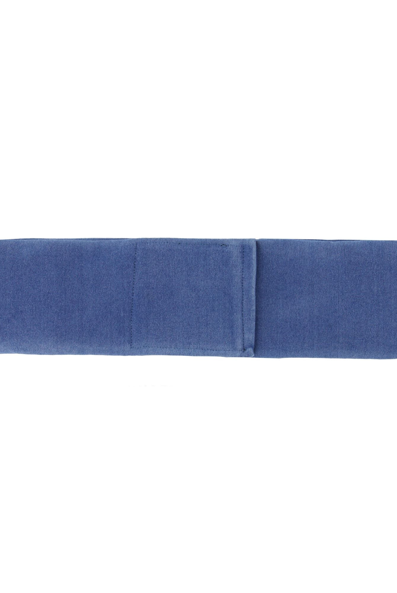 Wheelchair Leg Strap in denim blue color, featuring a wide fabric band with clean stitching and folded design for comfortable leg positioning while seated in a wheelchair. Made to match blue denim seated jeans.