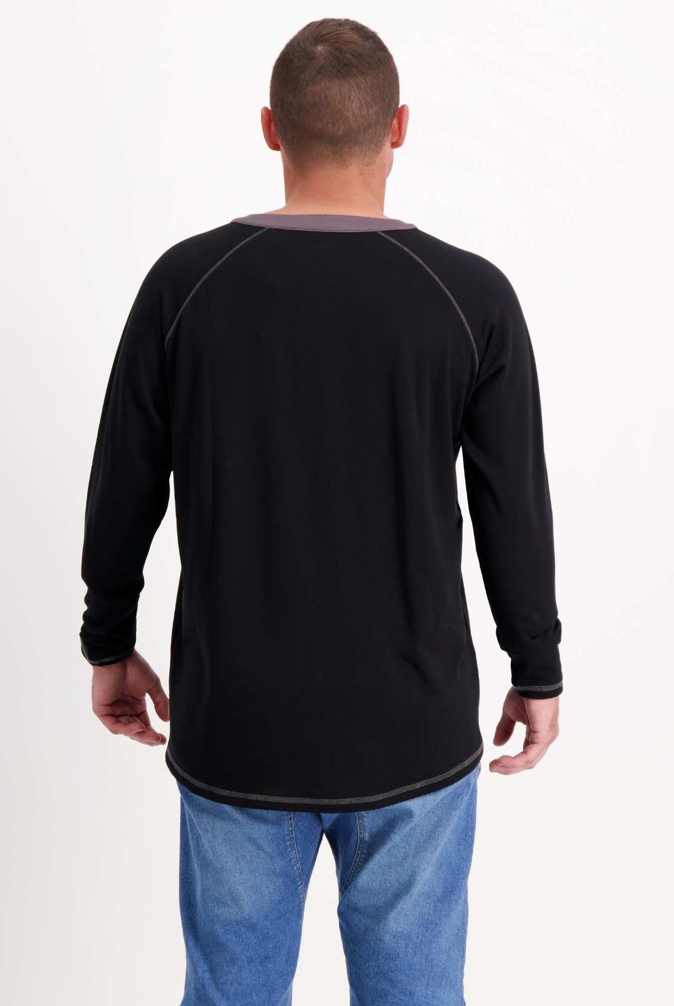Sir Lord Raglan T-Shirt shown from back view, featuring classic black long sleeves with contrasting grey trim around neck and cuffs, worn with blue jeans against white background, displaying comfortable A-line silhouette and casual-smart styling.