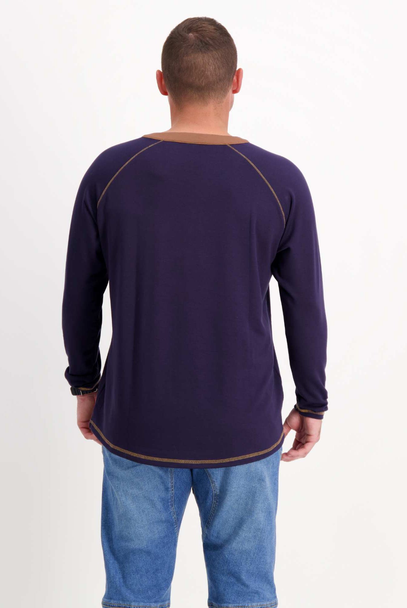 Sir Lord Raglan T-Shirt shown from back view in navy blue with brown contrast stitching and raglan sleeves, paired with light wash jeans against white background, demonstrating classic A-line silhouette and casual styling versatility