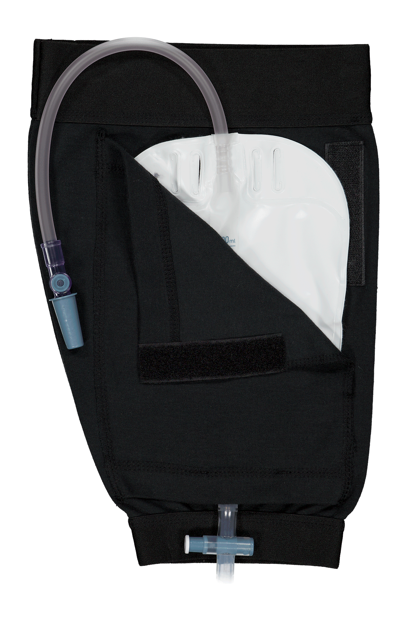 Catheter Bag Leg Cover featuring a black fabric sleeve with white interior pocket, adjustable straps, and tube openings for discreet medical device concealment. The cover shows both inlet and outlet ports and displays a professional medical-grade design for comfortable daily wear.