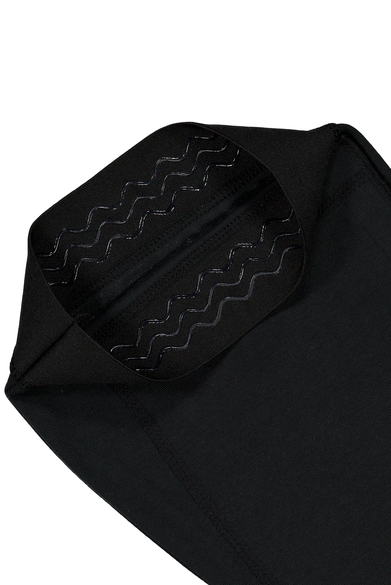 Catheter Bag Leg Cover in sleek black fabric with chevron-patterned grip strips, featuring a discreet design for comfortable wear and secure fit. Close-up view showing the quality stitching and durable material construction for reliable daily use.