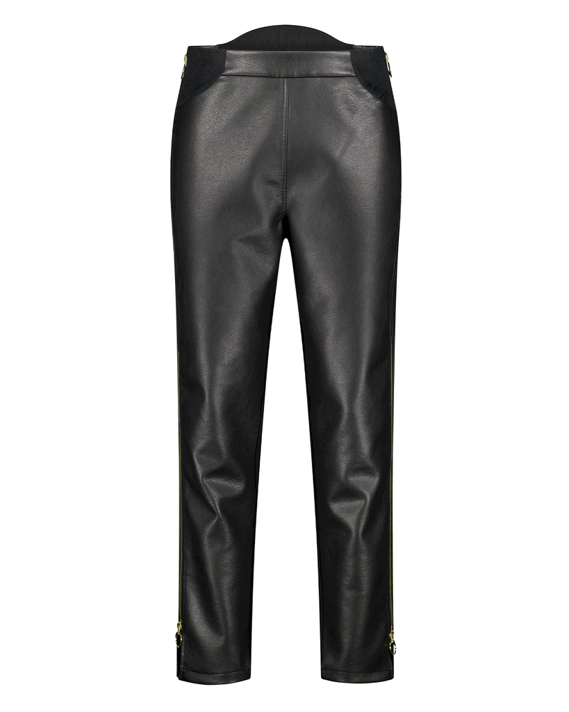 GIF (movie) file of the black vegan leather pant in frame one and demonstrating the opening of side zippers, folding down of the front of the garment and the seamless back-side design, in frame two. Christina Stephens Adaptive Clothing Australia. 