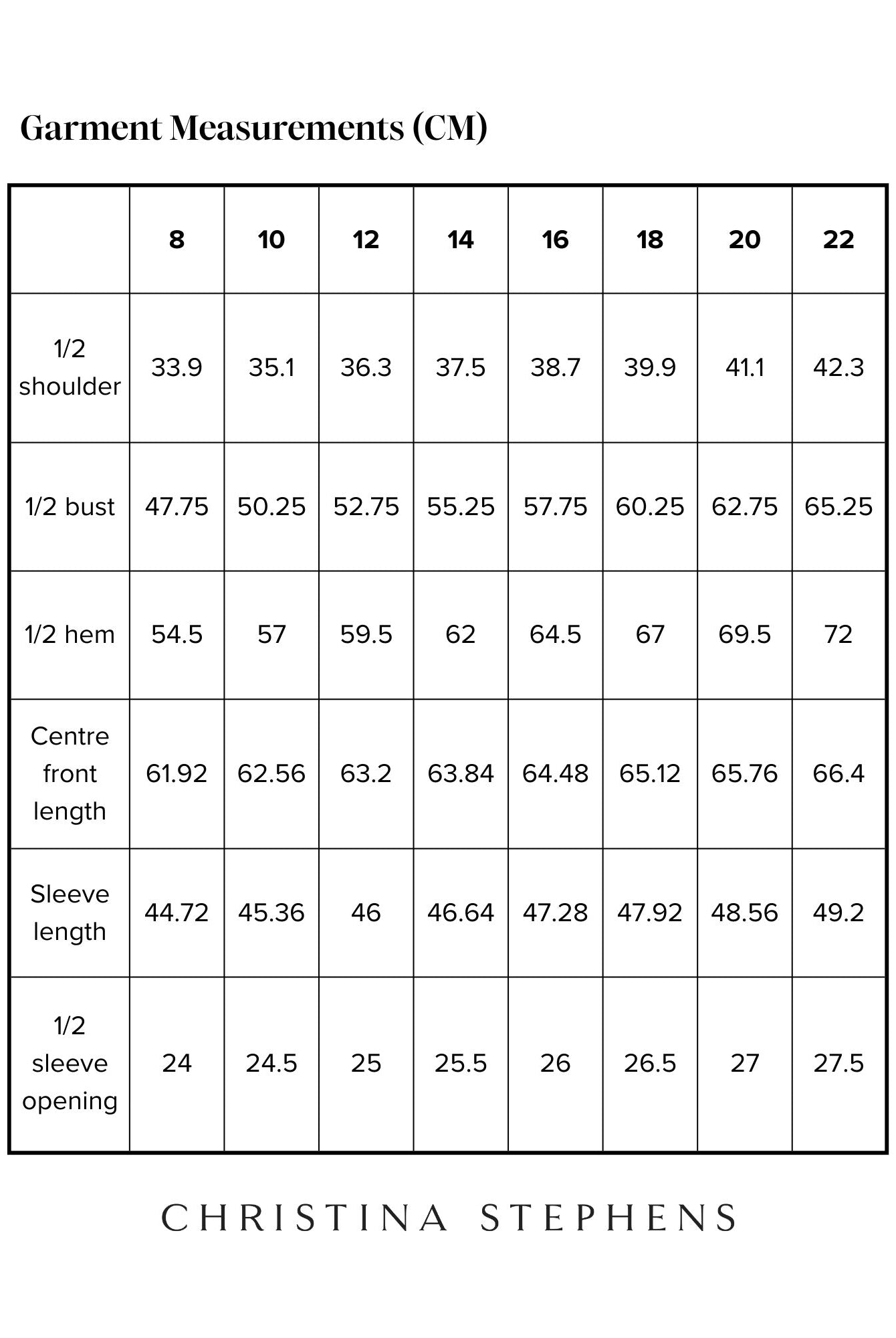 Size chart for Cowl Neck Leaf Back Top displaying detailed measurements in centimeters across sizes 8-22, including shoulder width, bust, hem, center front length, sleeve length, and sleeve opening measurements with Christina Stephens branding.