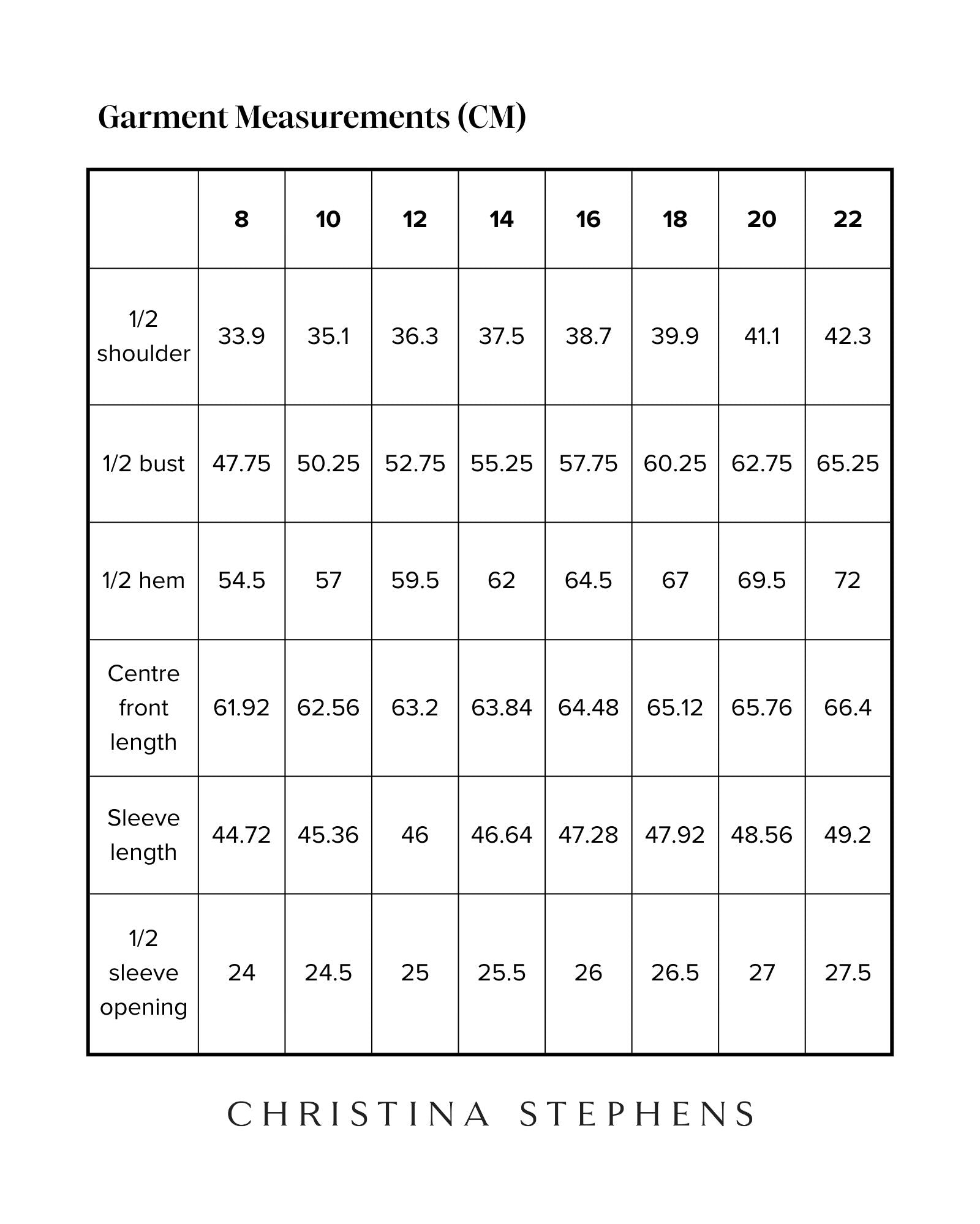 Size chart for Cowl Neck Leaf Back Top displaying detailed measurements in centimeters across sizes 8-22, including shoulder width, bust, hem, center front length, sleeve length, and sleeve opening measurements with Christina Stephens branding.