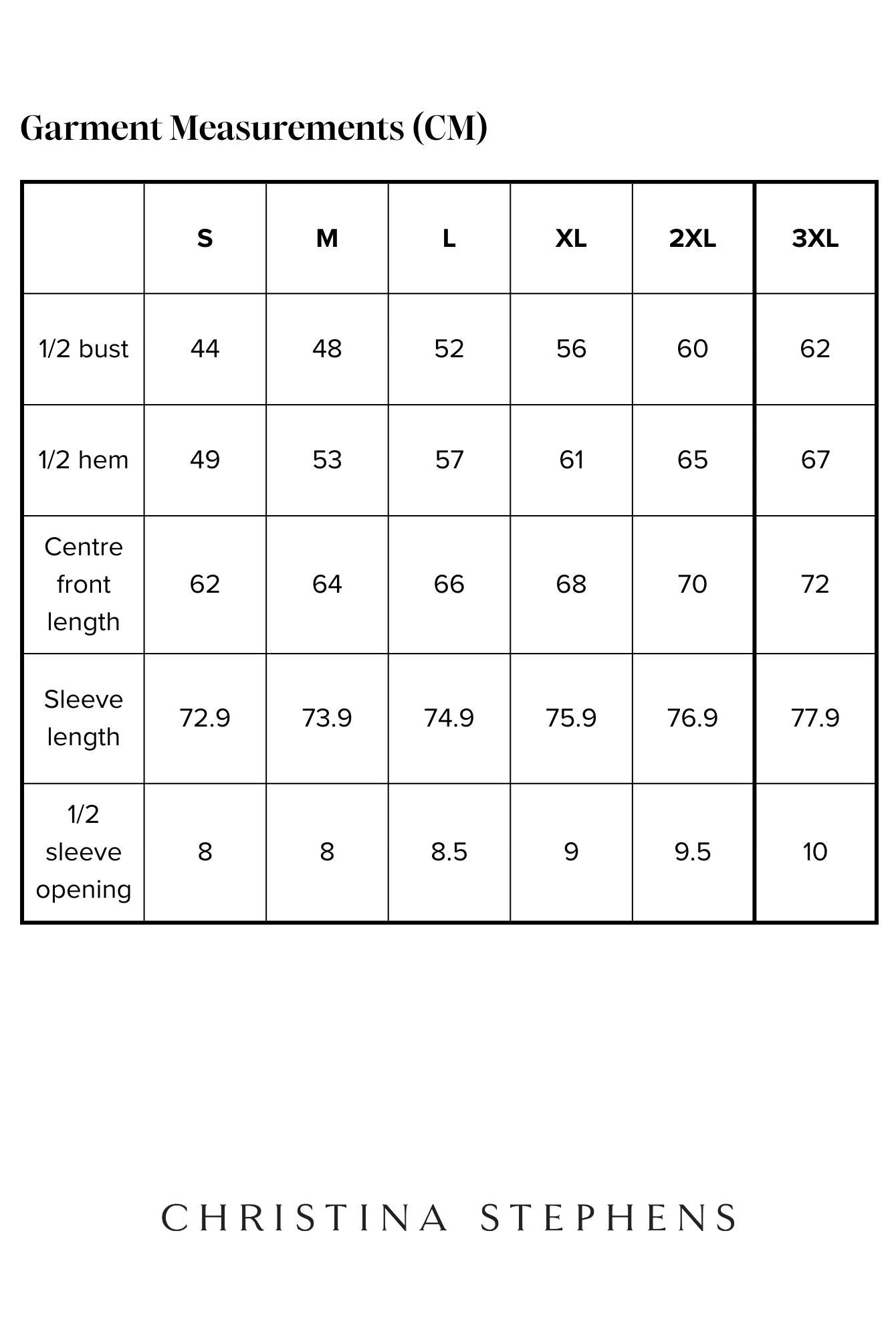 Size chart for Maggie Thermal Top displaying measurements in centimeters across S to 3XL sizes, including bust, hem, center front length, sleeve length, and sleeve opening dimensions in a clear tabular format