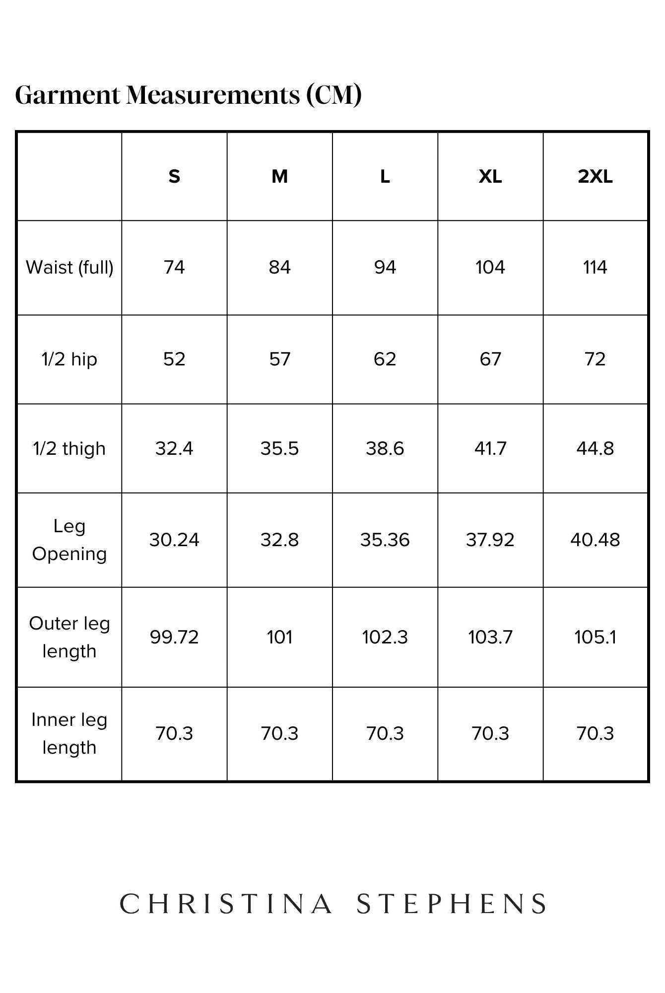 Size chart for Jessie Wide Leg Velvet Pants showing detailed measurements in centimeters across sizes S to 2XL, including waist, hip, thigh, leg opening, and length measurements. Christina Stephens brand logo displayed below.