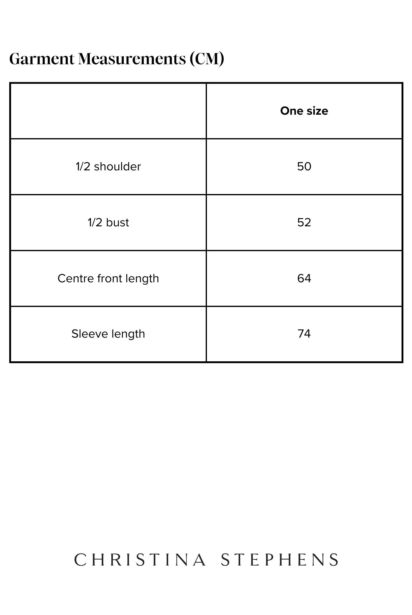 Size chart for Oceania Kaftan displaying measurements in centimeters including shoulder width (50cm), bust (52cm), front length (64cm), and sleeve length (74cm), with one-size design specification