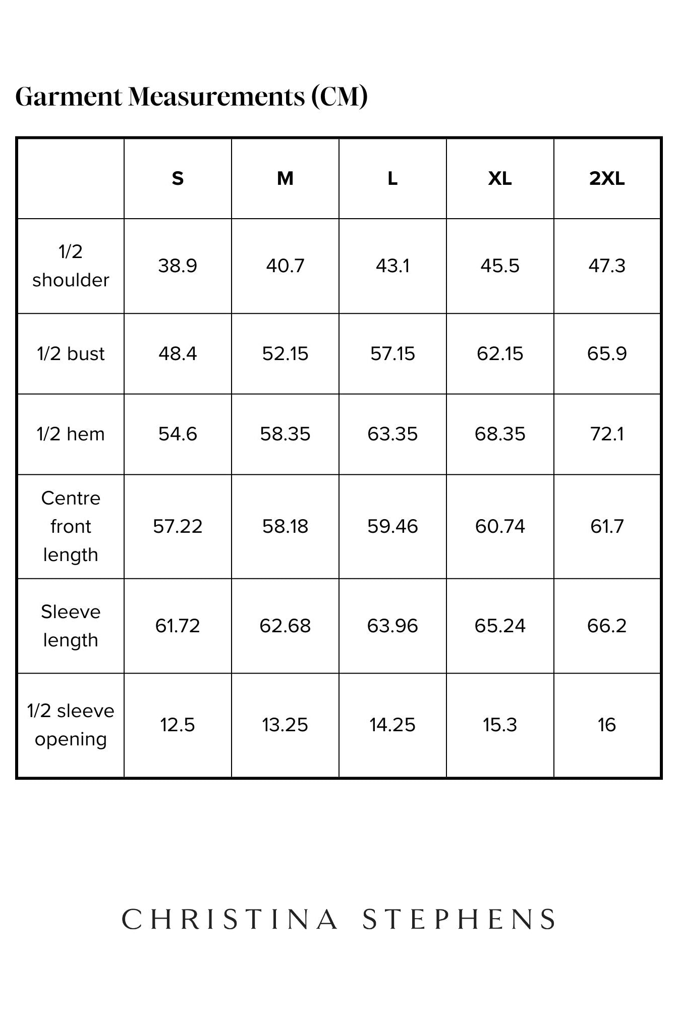 Size chart for Long Sleeve Leaf Back T-Shirt displaying detailed measurements in centimeters across S to 2XL sizes, including shoulder width, bust, hem, front length, sleeve length, and sleeve opening specifications, presented in a clear tabular format.