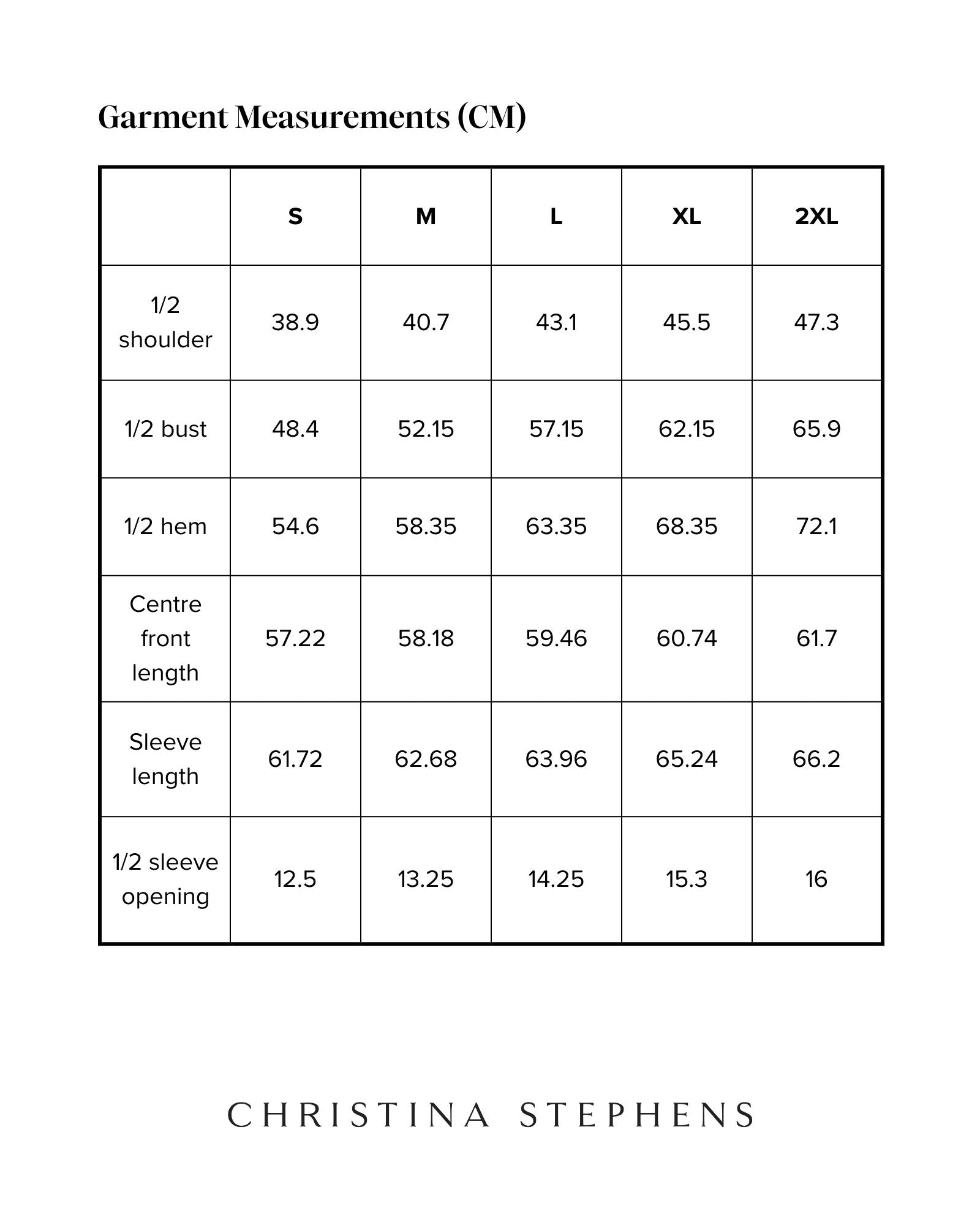 Size chart for Long Sleeve Leaf Back T-Shirt displaying detailed measurements in centimeters across S to 2XL sizes, including shoulder width, bust, hem, front length, sleeve length, and sleeve opening specifications, presented in a clear tabular format.