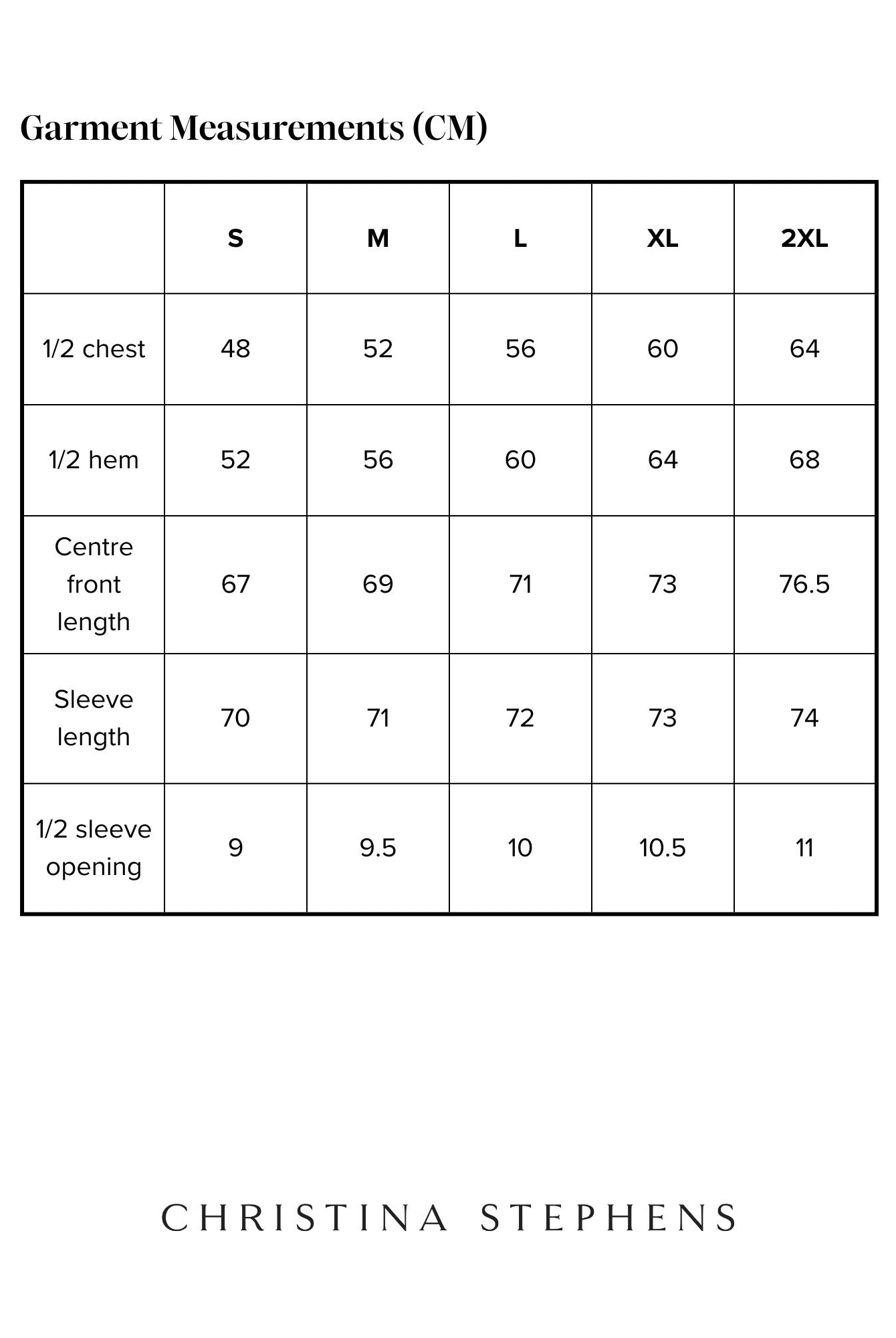 Size chart for Louis Thermal Top displaying measurements in centimeters across sizes S to 2XL, including chest width, hem width, center front length, sleeve length, and sleeve opening dimensions with Christina Stephens branding