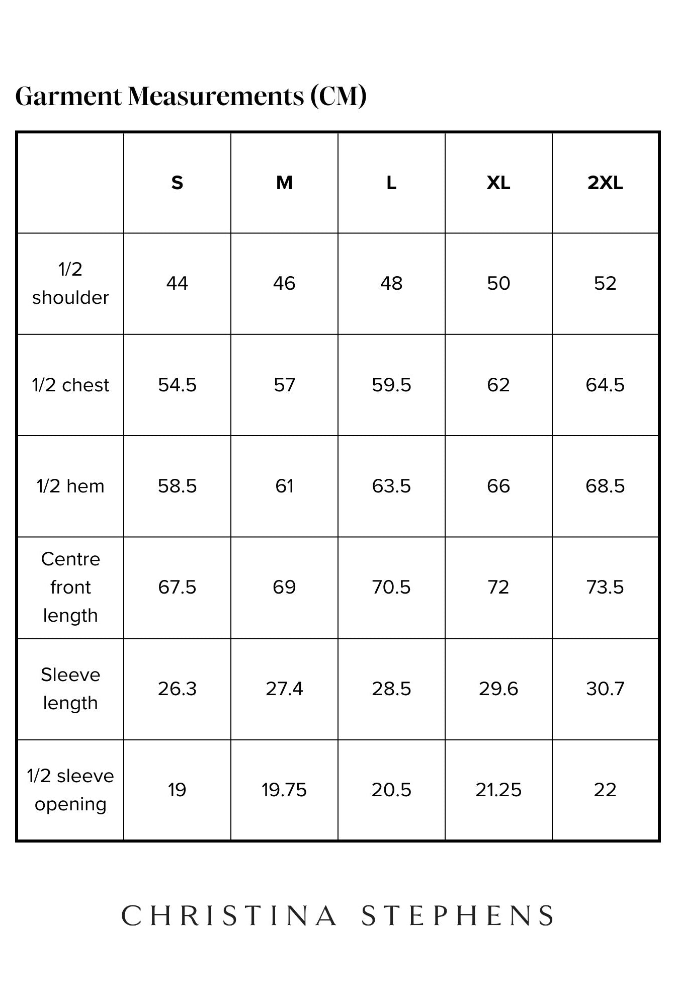 Size chart for Short Sleeve Prism Back T-Shirt displaying measurements in centimeters across S to 2XL sizes, including shoulder width, chest, hem, front length, sleeve length, and sleeve opening dimensions, with Christina Stephens branding