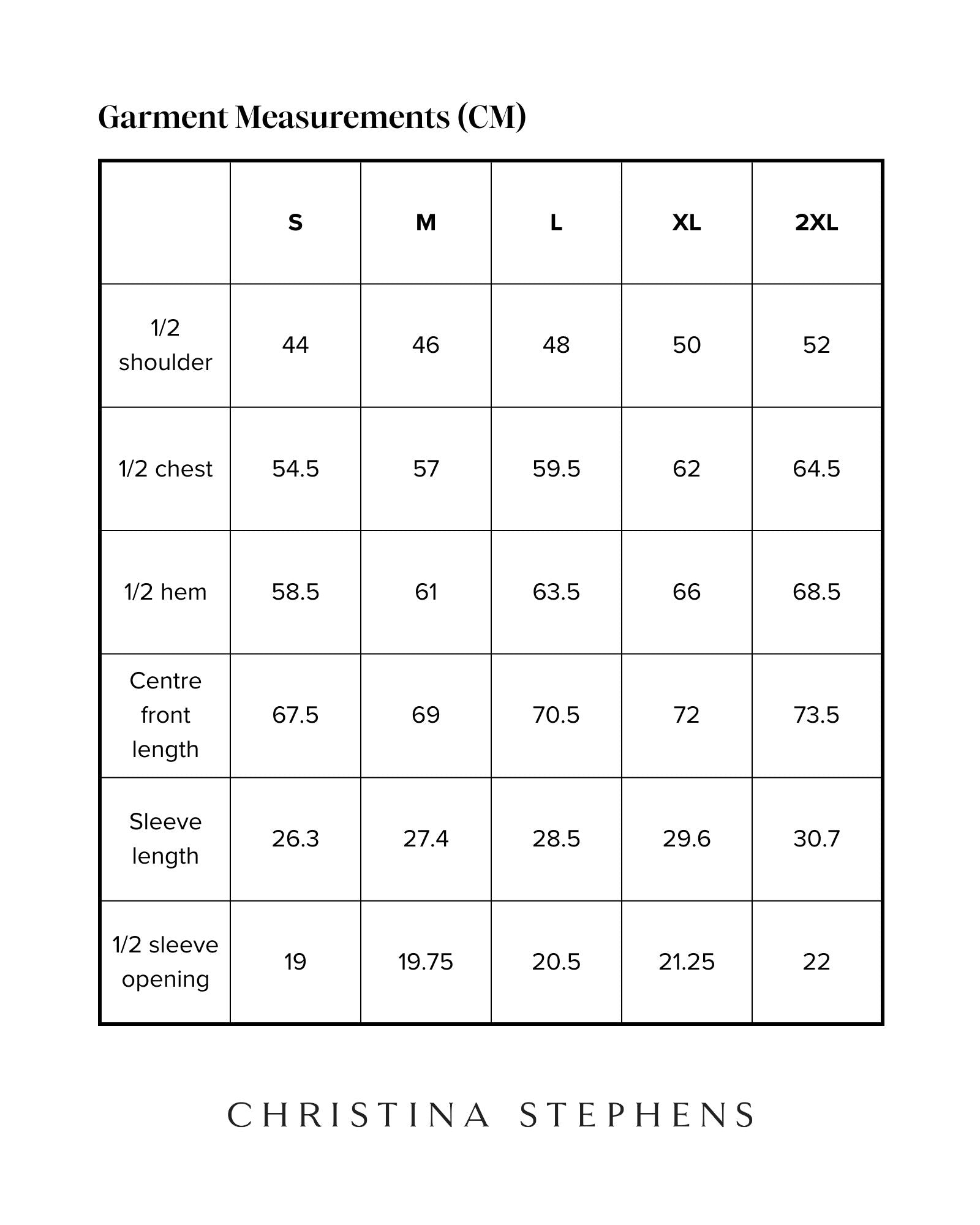 Size chart for Short Sleeve Prism Back T-Shirt displaying measurements in centimeters across S to 2XL sizes, including shoulder width, chest, hem, front length, sleeve length, and sleeve opening dimensions, with Christina Stephens branding