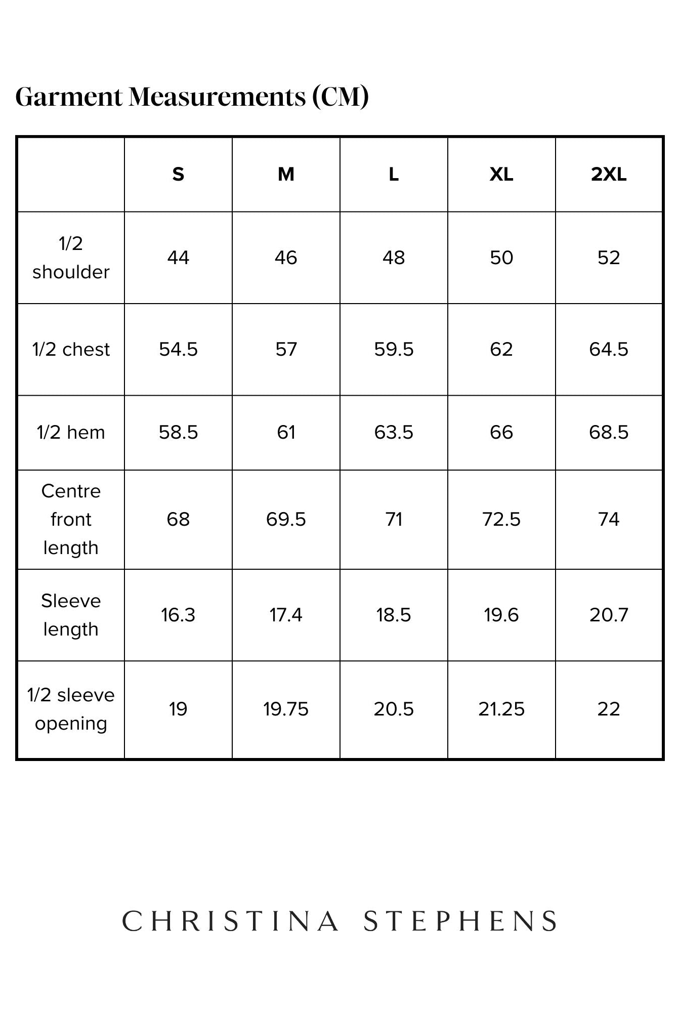 Size chart for Nick A-Line T-Shirt displaying measurements in centimeters across sizes S to 2XL, including shoulder width, chest, hem, front length, sleeve length, and sleeve opening measurements. Clean black and white table format with Christina Stephens branding.