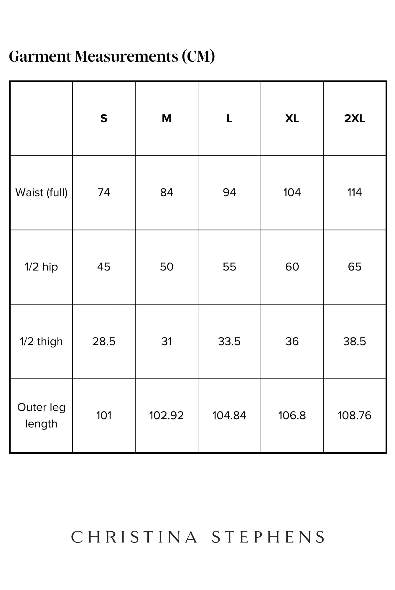 Size chart for Natasha Physio Leggings showing measurements in centimeters for sizes S to 2XL, including waist, hip, thigh, and outer leg length specifications, presented in a clean grid format with Christina Stephens branding
