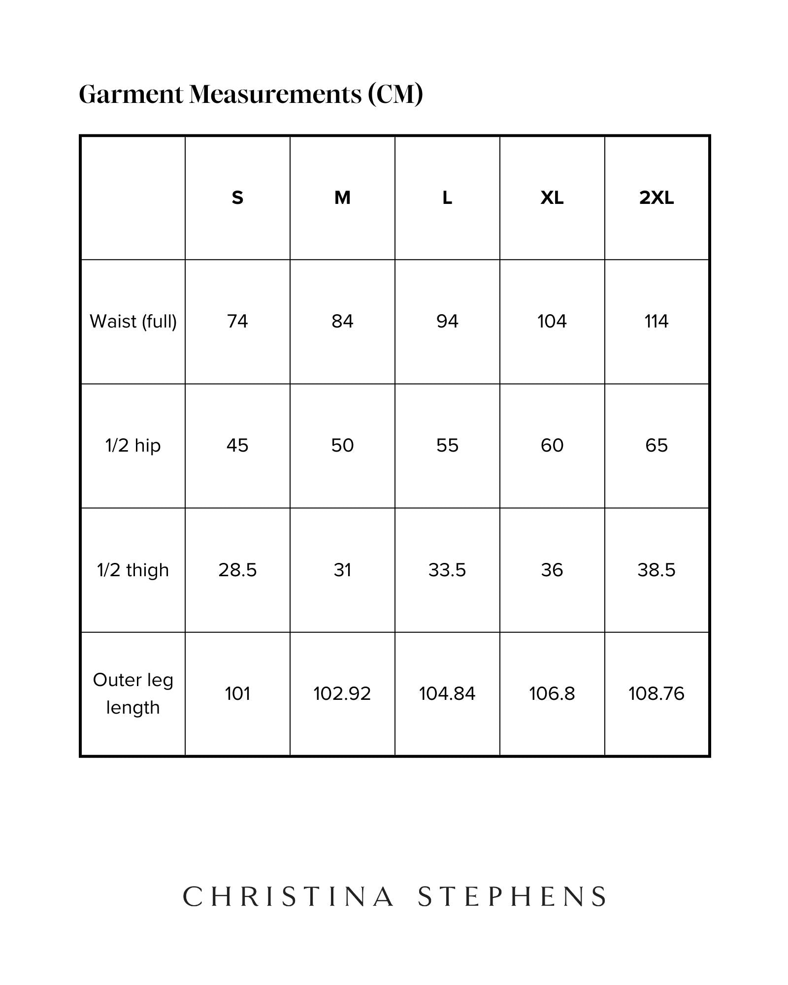 Size chart for Natasha Physio Leggings showing measurements in centimeters for sizes S to 2XL, including waist, hip, thigh, and outer leg length specifications, presented in a clean grid format with Christina Stephens branding