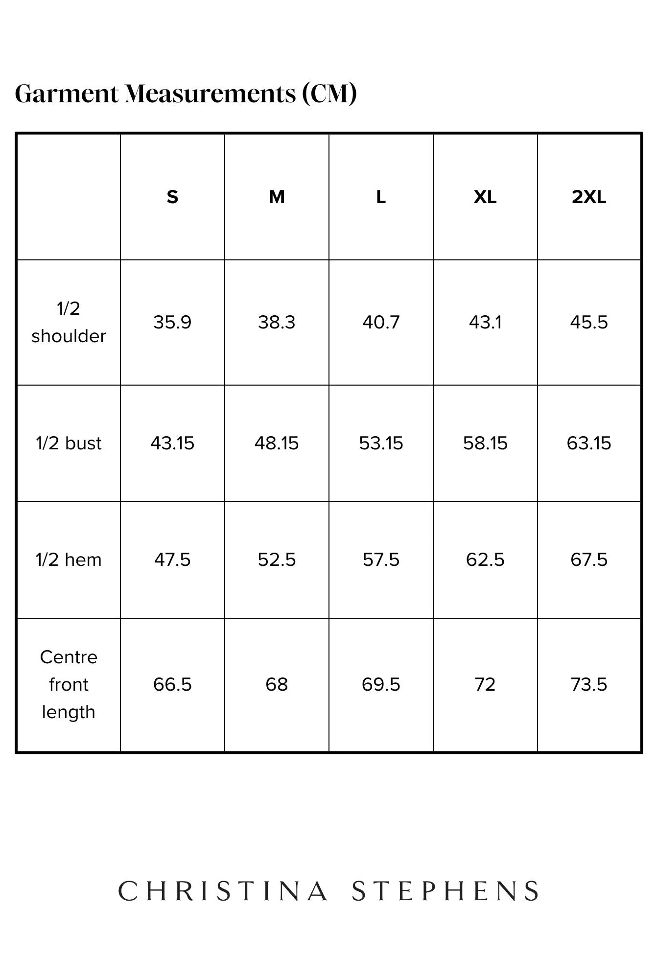 Size chart for Lauren Sleeveless Physio Top displaying measurements in centimeters across five sizes from S to 2XL, including shoulder width, bust, hem, and center front length measurements, presented in a clear grid format with Christina Stephens branding.
