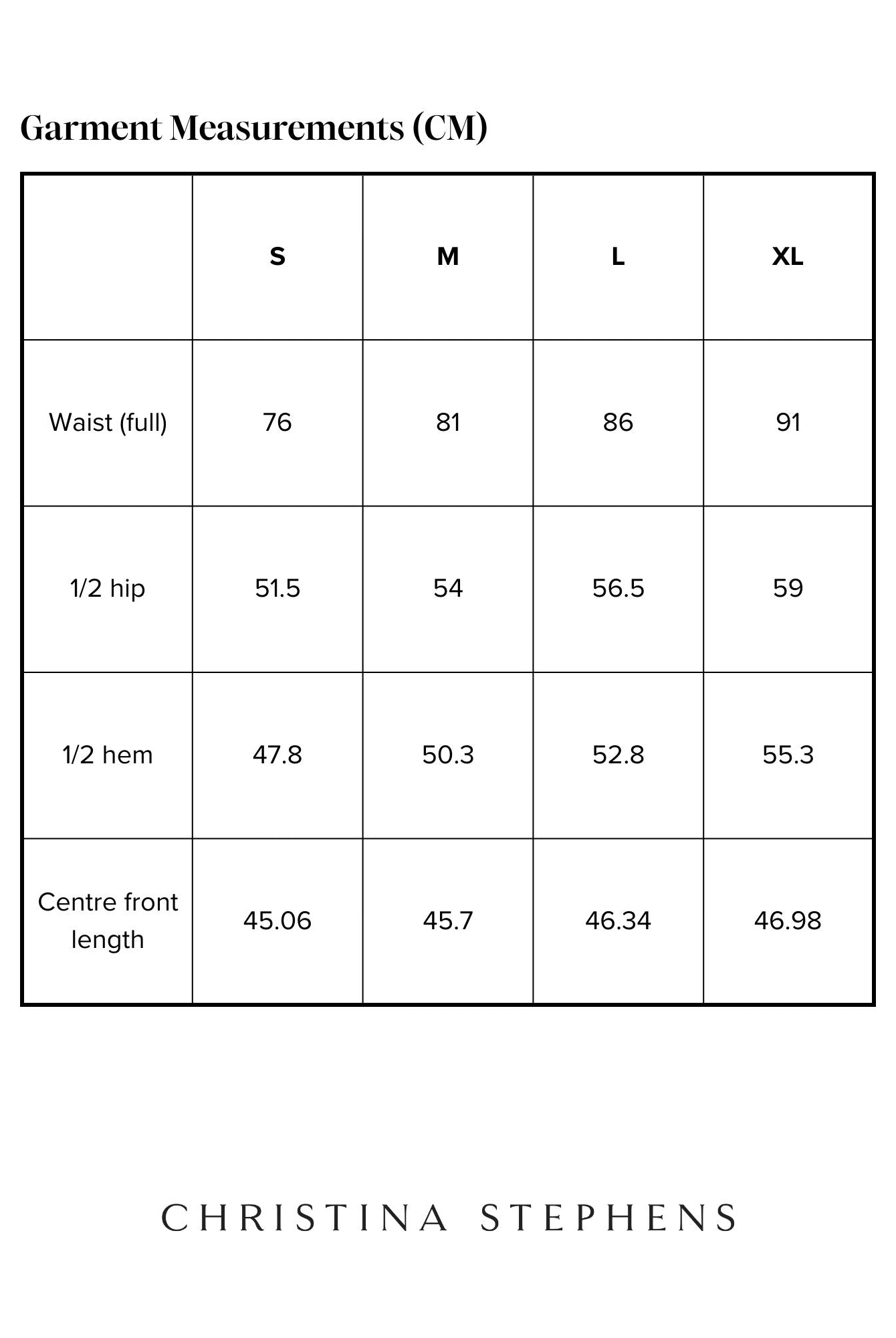Size chart for Bella Skirt showing detailed measurements in centimeters across S, M, L, and XL sizes. Includes waist, hip, hem, and front length measurements presented in a clear table format with Christina Stephens branding.
