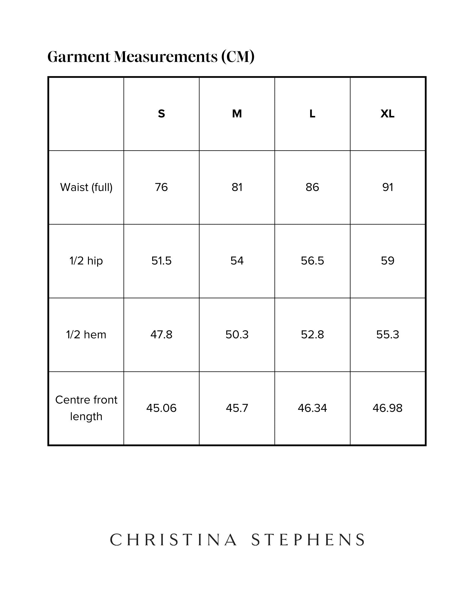 Size chart for Bella Skirt showing detailed measurements in centimeters across S, M, L, and XL sizes. Includes waist, hip, hem, and front length measurements presented in a clear table format with Christina Stephens branding.