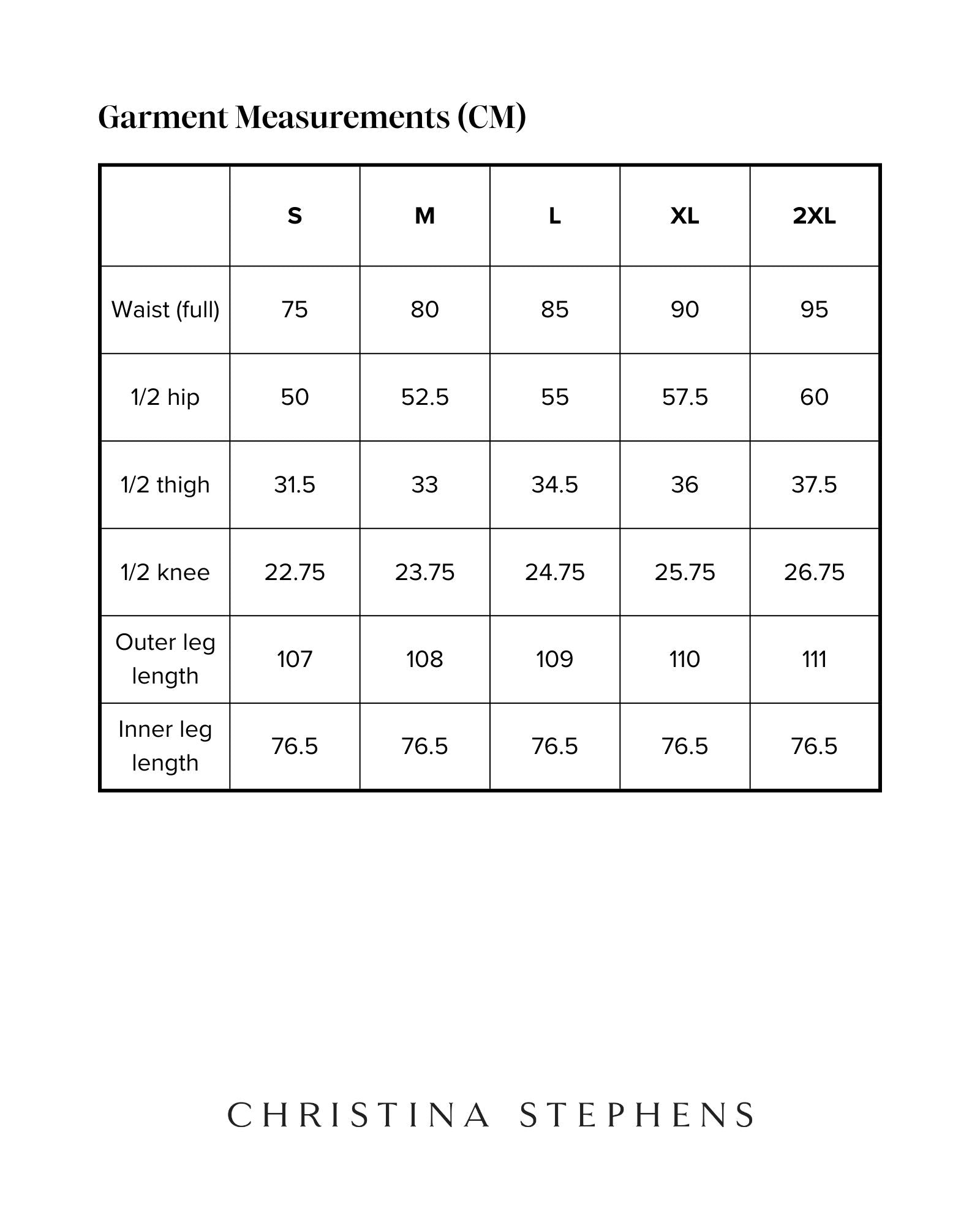 Christina Prosthetic Jeans size chart showing detailed measurements in centimeters for S through 2XL, including waist, hip, thigh, knee, and leg length measurements presented in a clear tabular format with brand name below