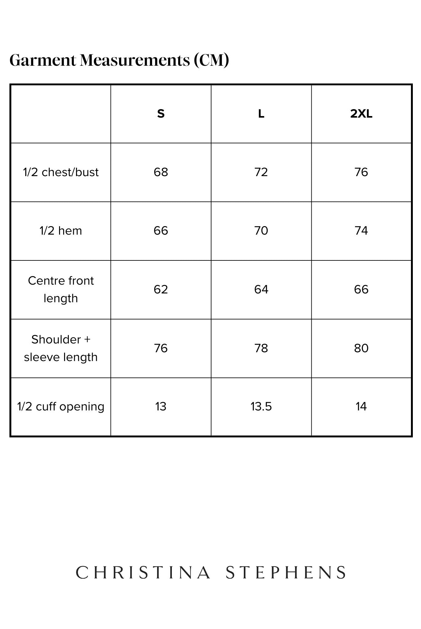 Size chart for Elly Universal Puffer Jacket showing measurements in centimeters for sizes S, L, and 2XL, including chest, hem, front length, shoulder with sleeve length, and cuff opening dimensions in a clean, organized table format.