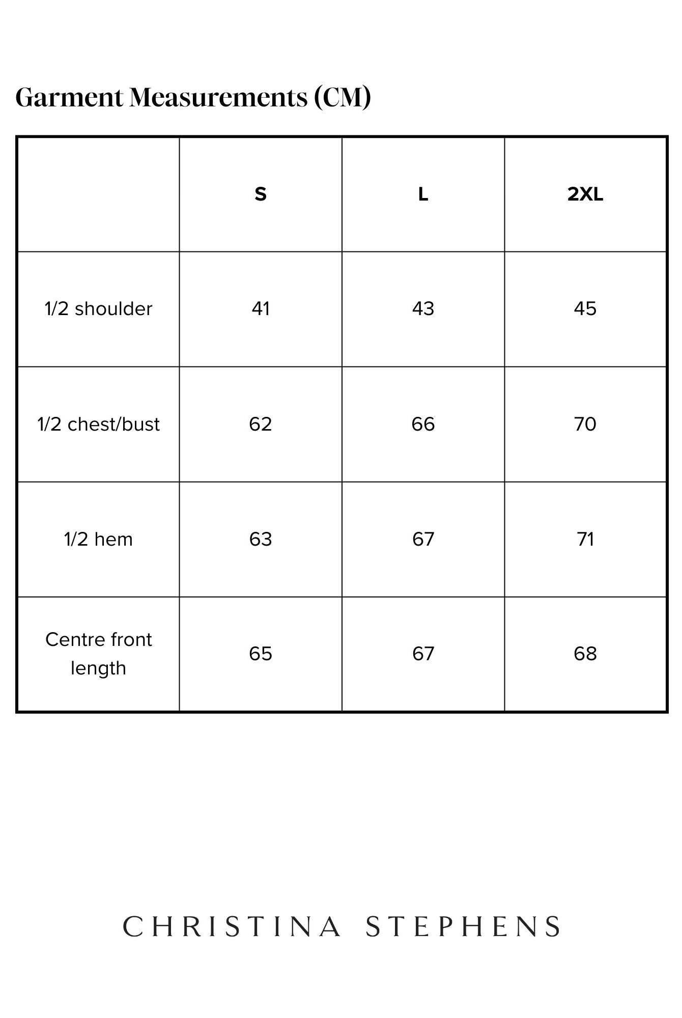 Size chart for Matt Gender Neutral Puffer Vest displaying measurements in centimeters across three sizes: S, L, and 2XL. Shows half shoulder, chest/bust, hem, and center front length measurements in a clean, minimalist table format.
