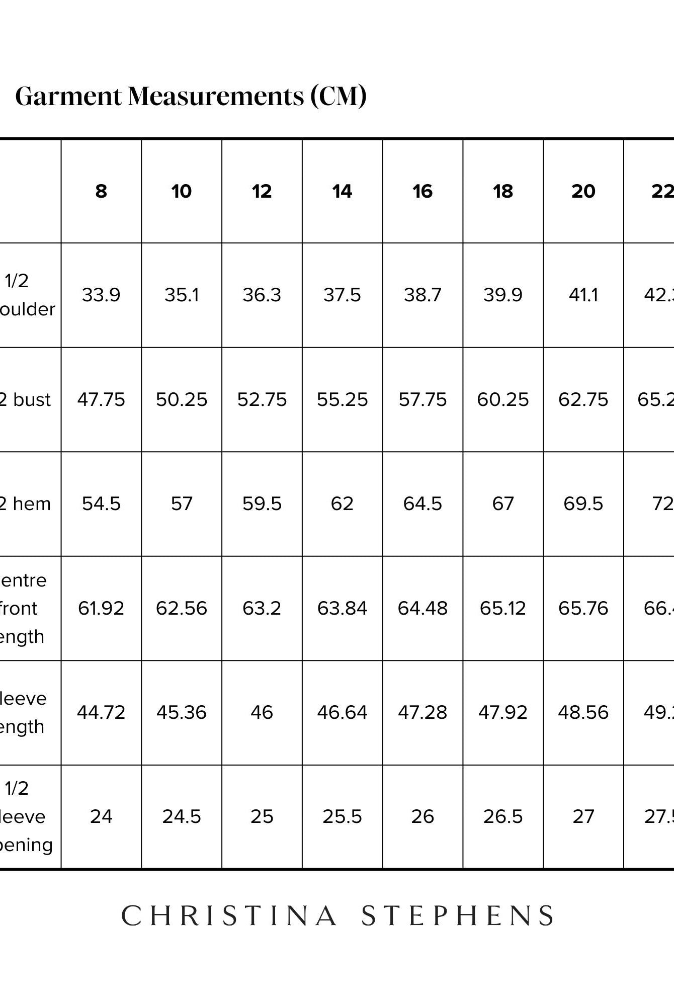 Essensual PJ Top size chart showing detailed garment measurements in centimeters, including shoulder width, bust, hem, front length, sleeve length, and sleeve opening across sizes 8-22. Christina Stephens brand measurement guide with clean, organized tabular layout.