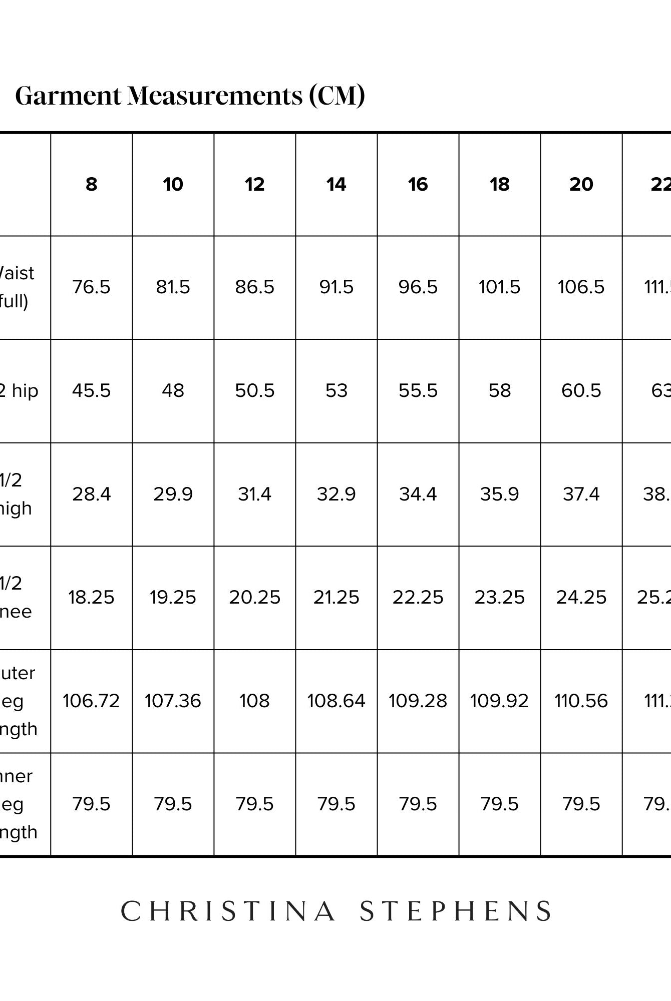 Seated Stretch Pant size chart displaying detailed measurements in centimeters, including waist, hip, thigh, knee, and leg lengths across sizes 8-22. Black and white measurement table with Christina Stephens branding.
