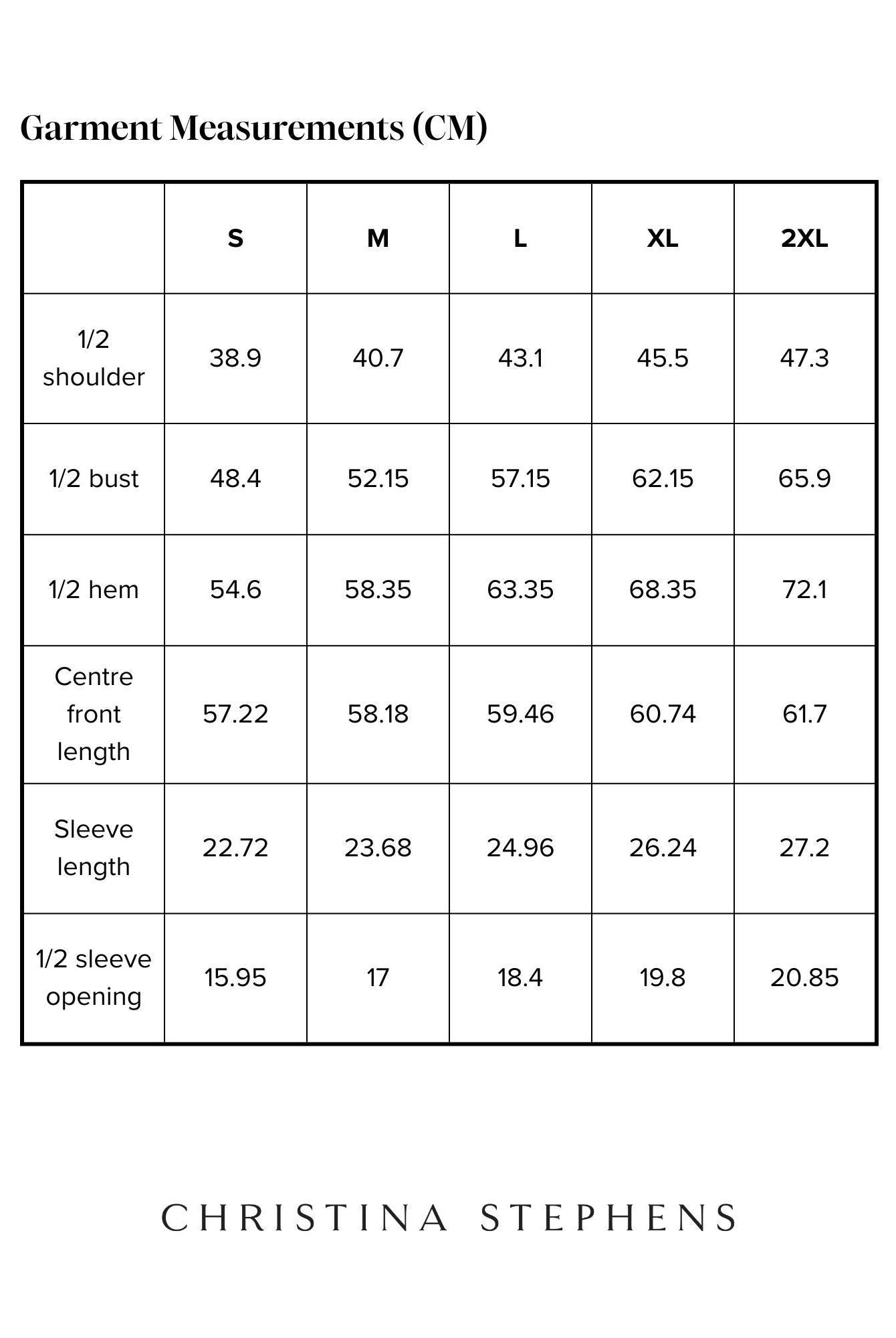 Detailed size chart for Short Sleeve Leaf Back T-Shirt displaying measurements in centimeters across S to 2XL sizes, including shoulder width, bust, hem, front length, sleeve length, and sleeve opening specifications on a clean white background with brand name underneath.