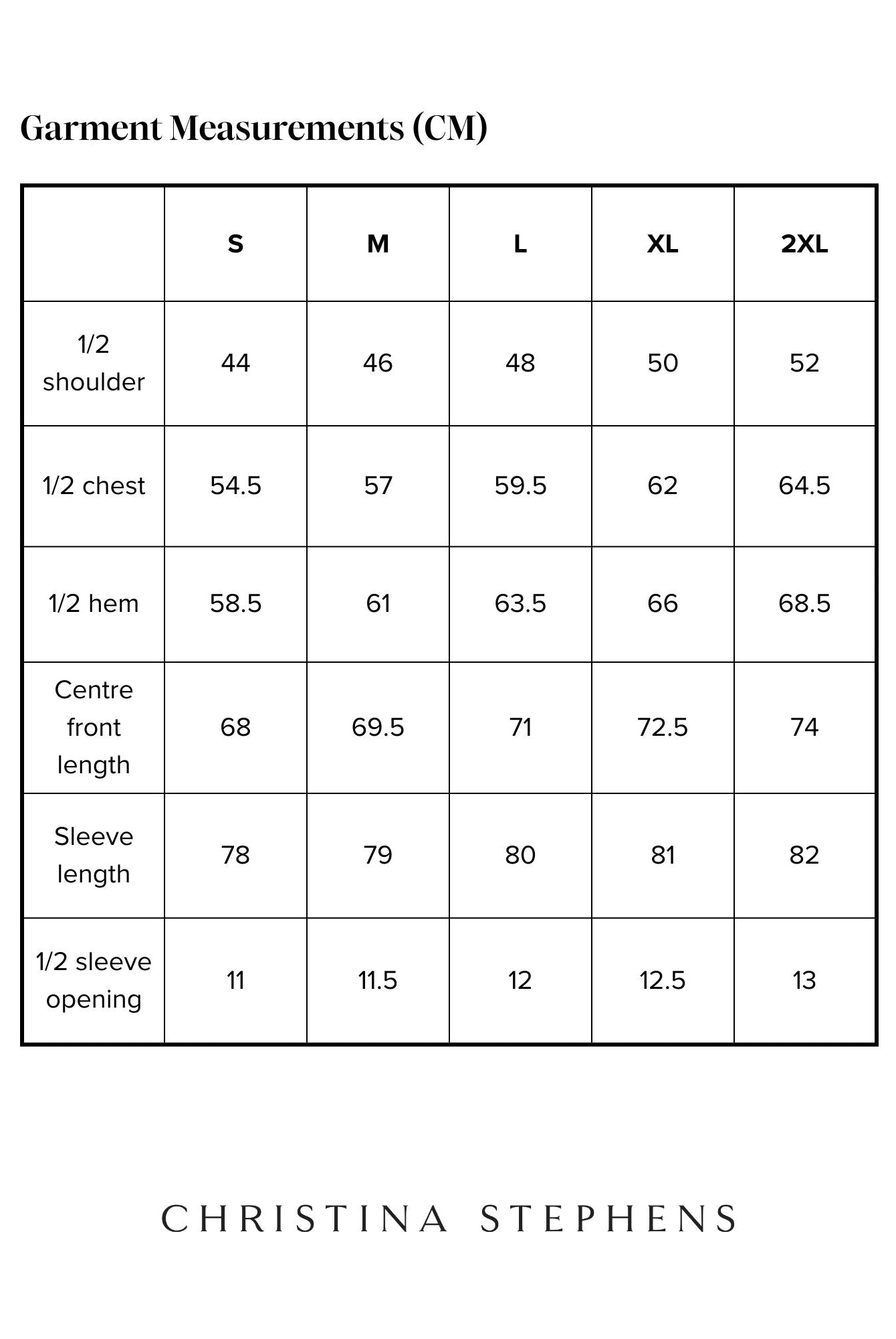 Size chart for Sir Lord Raglan T-Shirt displaying measurements in centimeters across sizes S to 2XL, including shoulder width, chest, hem, front length, sleeve length, and sleeve opening measurements. Black and white table with Christina Stephens branding.