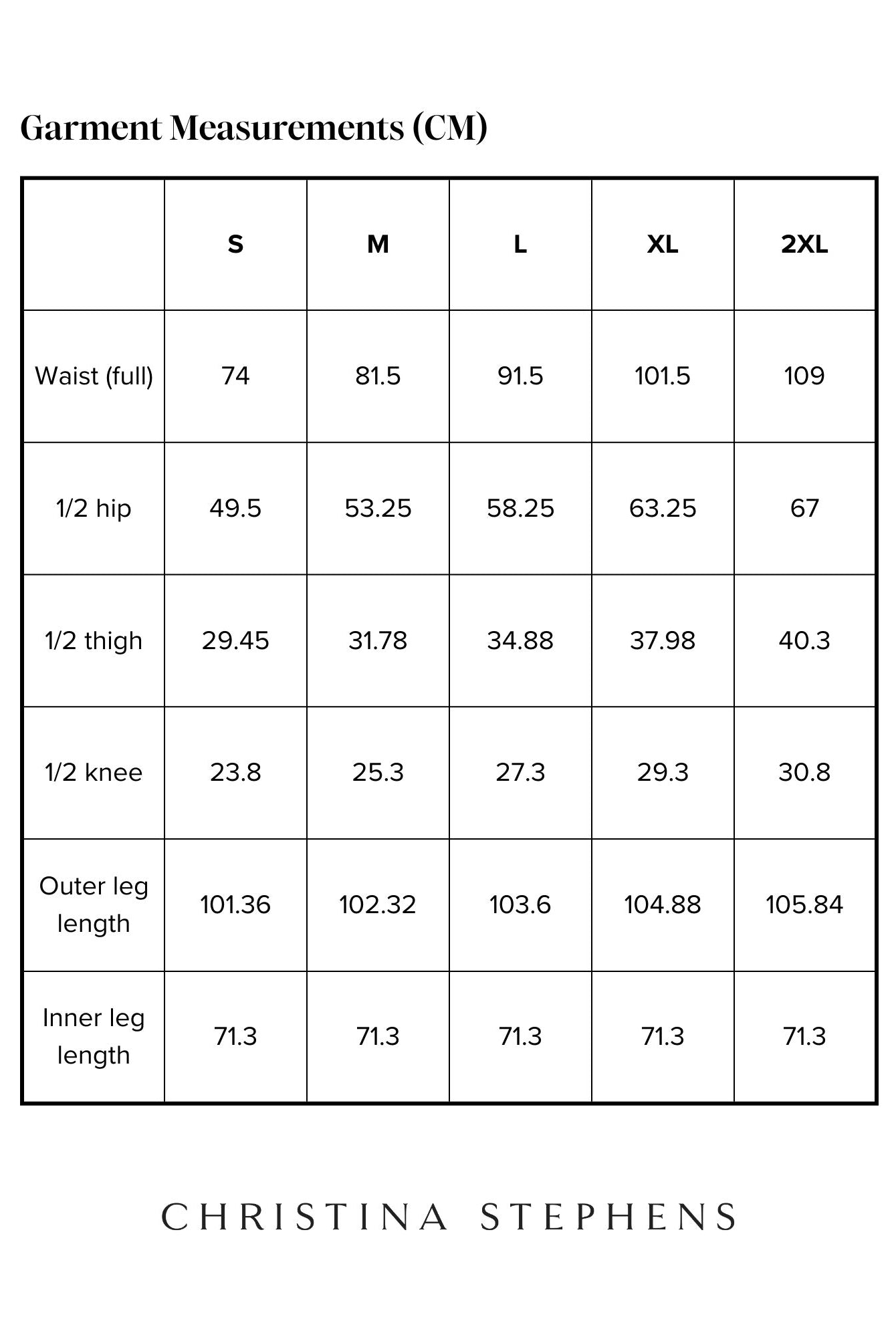 Size chart for Tapered Track Pants with Hidden Pouch displaying measurements in centimeters across sizes S to 2XL, including waist, hip, thigh, knee, and leg length dimensions in a clear tabular format with brand name Christina Stephens below