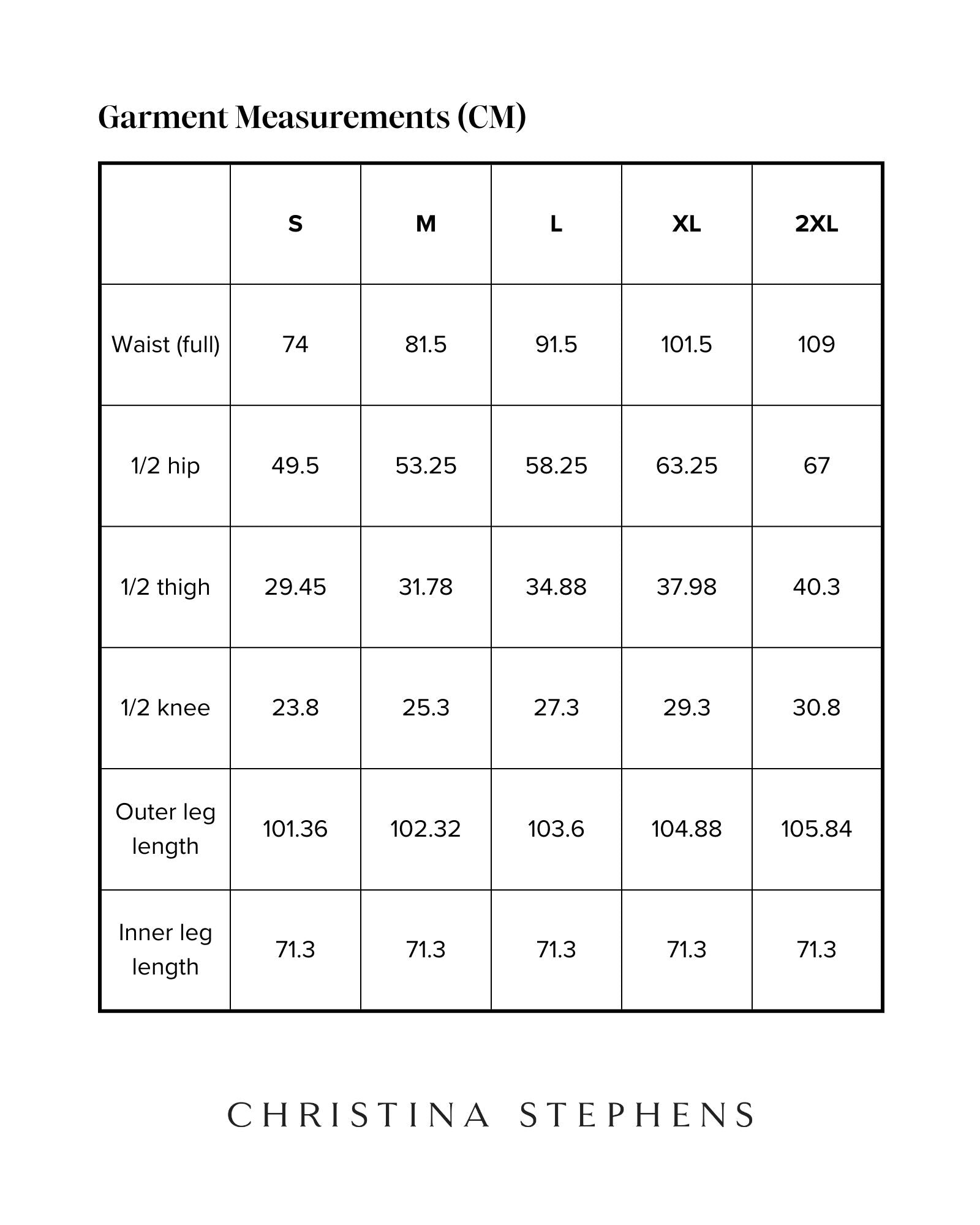 Size chart for Tapered Track Pants with Hidden Pouch displaying measurements in centimeters across sizes S to 2XL, including waist, hip, thigh, knee, and leg length dimensions in a clear tabular format with brand name Christina Stephens below