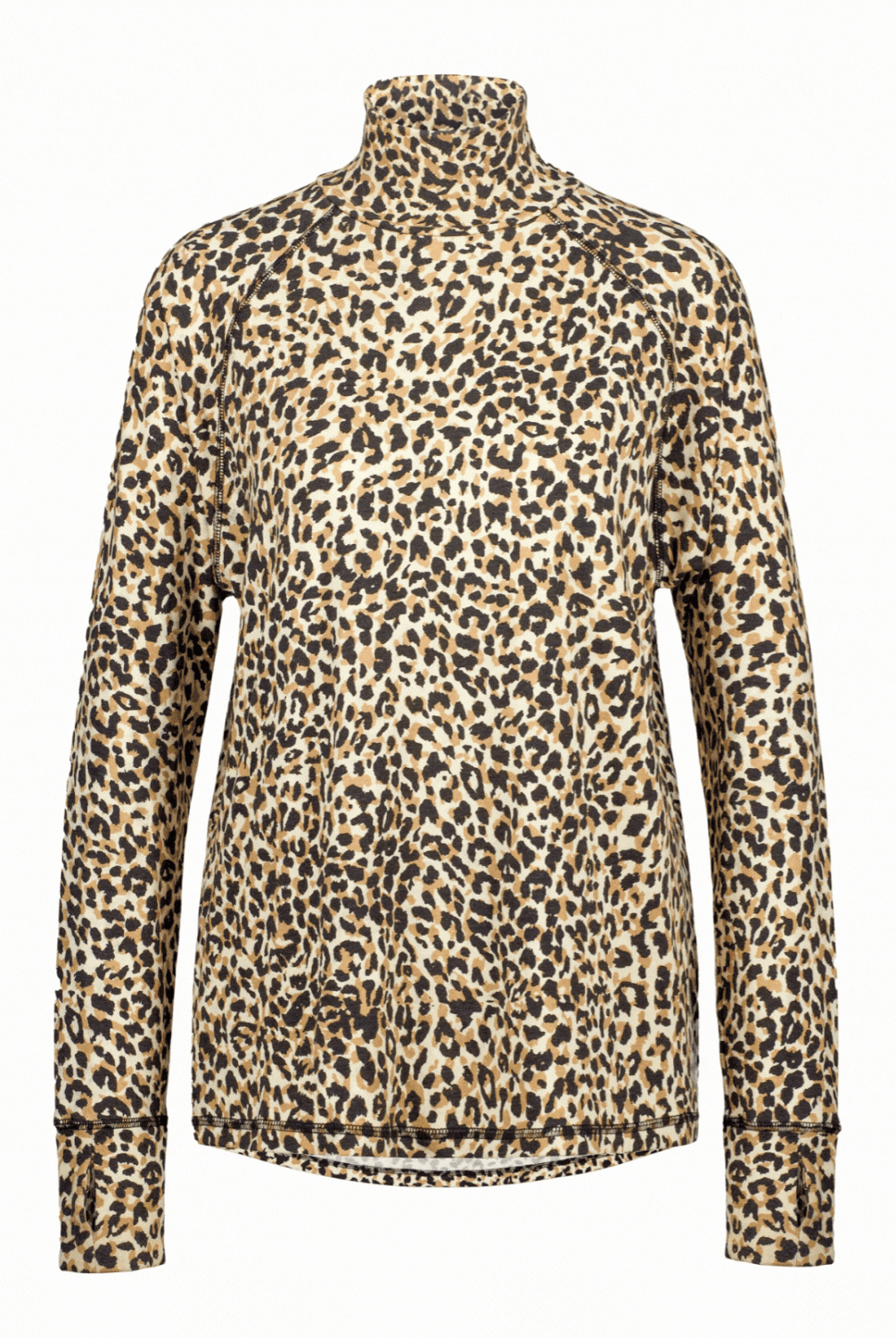 Maggie Thermal Top in classic leopard print pattern featuring a high turtleneck design, long sleeves, and fitted silhouette. The top showcases a beige base with brown and black spots in an all-over animal print design, perfect for adaptive fashion needs.