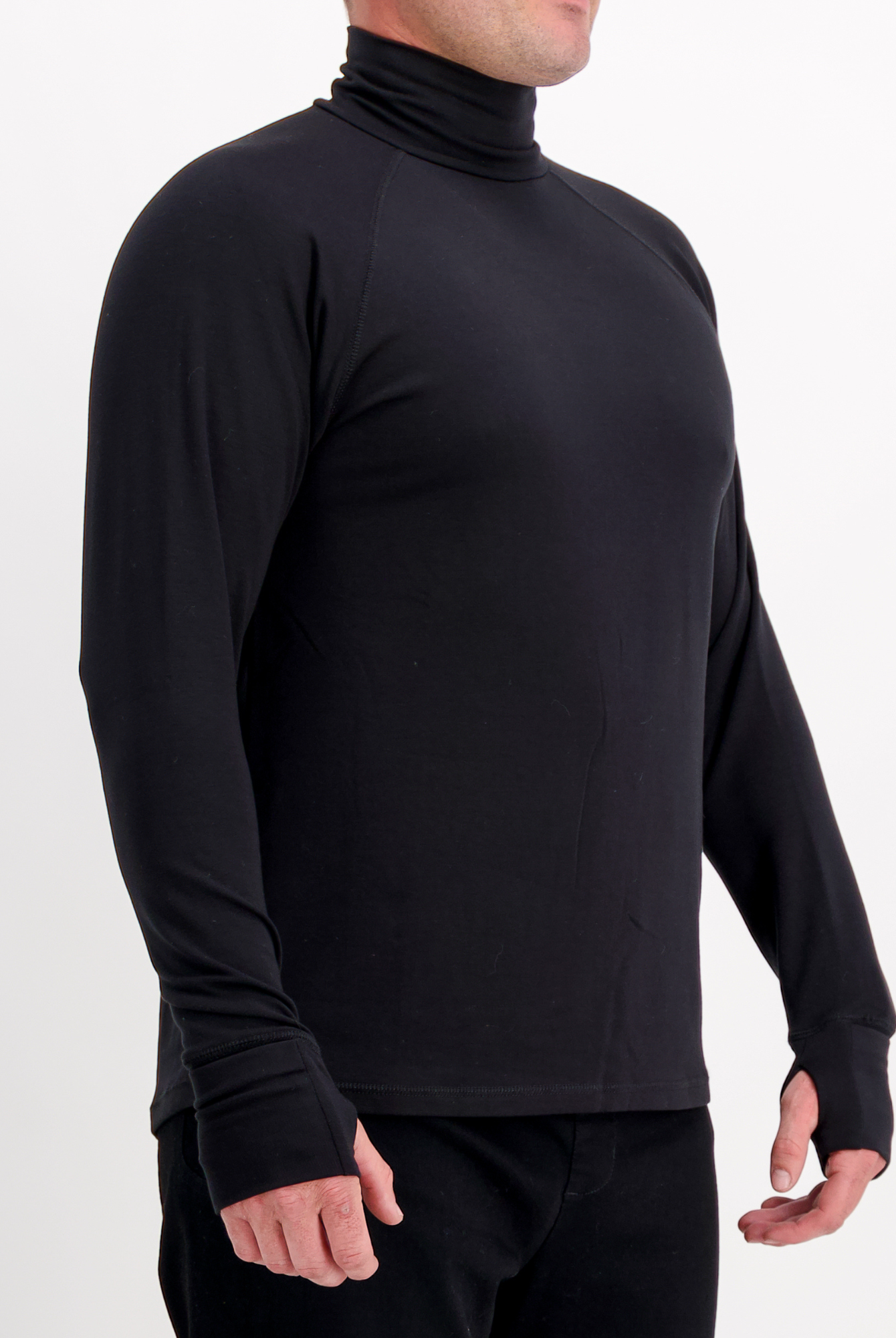 Louis Thermal Top shown in classic black with a turtleneck design, featuring long sleeves with thumb holes, displayed against a white background to highlight its sleek silhouette and adaptive comfort wear details.