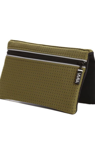 The VIVRA 'Base' waist bag in khaki green, perforated wallet with black edging and zipper, featuring a branded tag that says, 'Vivra', set against a white background.