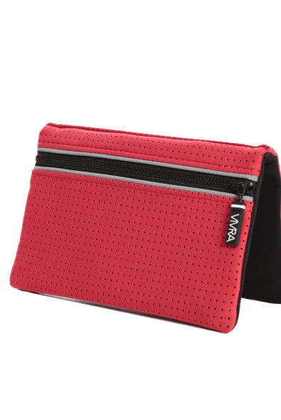 The VIVRA 'Base' waist bag in red, perforated wallet with black trim and zipper, adorned with a visible brand tag that says, 'Vivra', displayed against a white background.