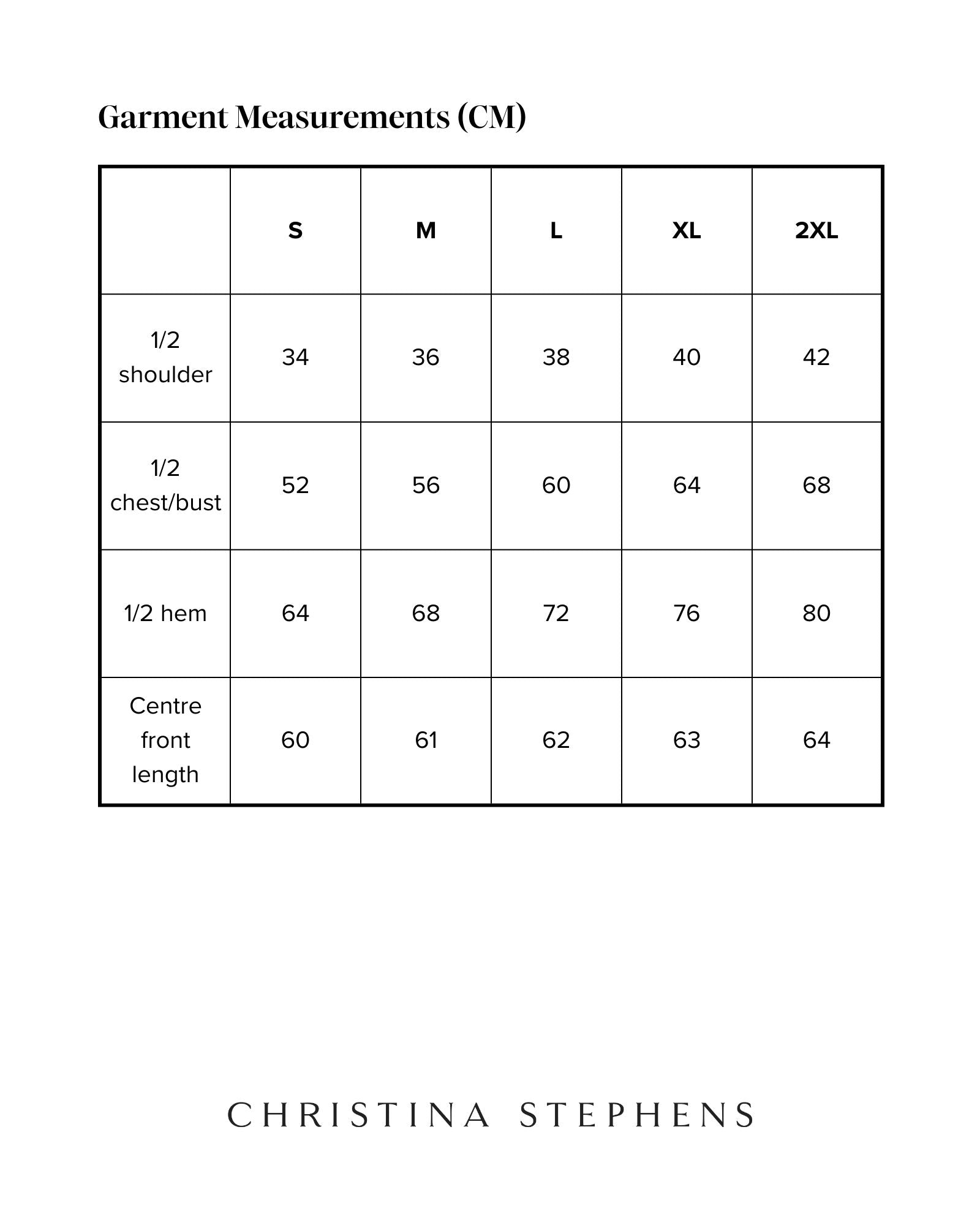 Size chart for Dean Gender Neutral Waistcoat displaying measurements in centimeters across sizes S to 2XL, including shoulder width, chest/bust, hem, and center front length specifications in a clean, structured table format