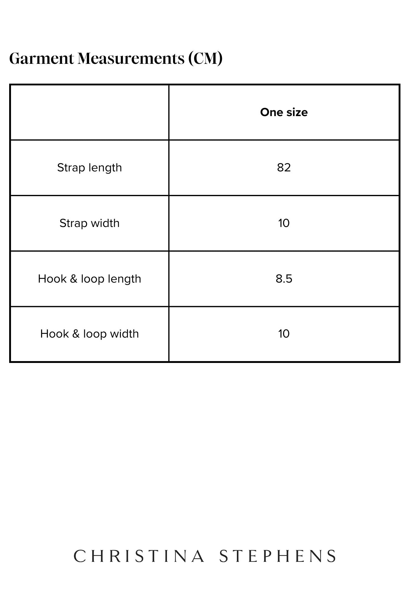 Wheelchair Leg Strap size chart showing measurements in centimeters including strap length of 82cm, strap width of 10cm, and hook & loop dimensions of 8.5cm length and 10cm width. One size available.