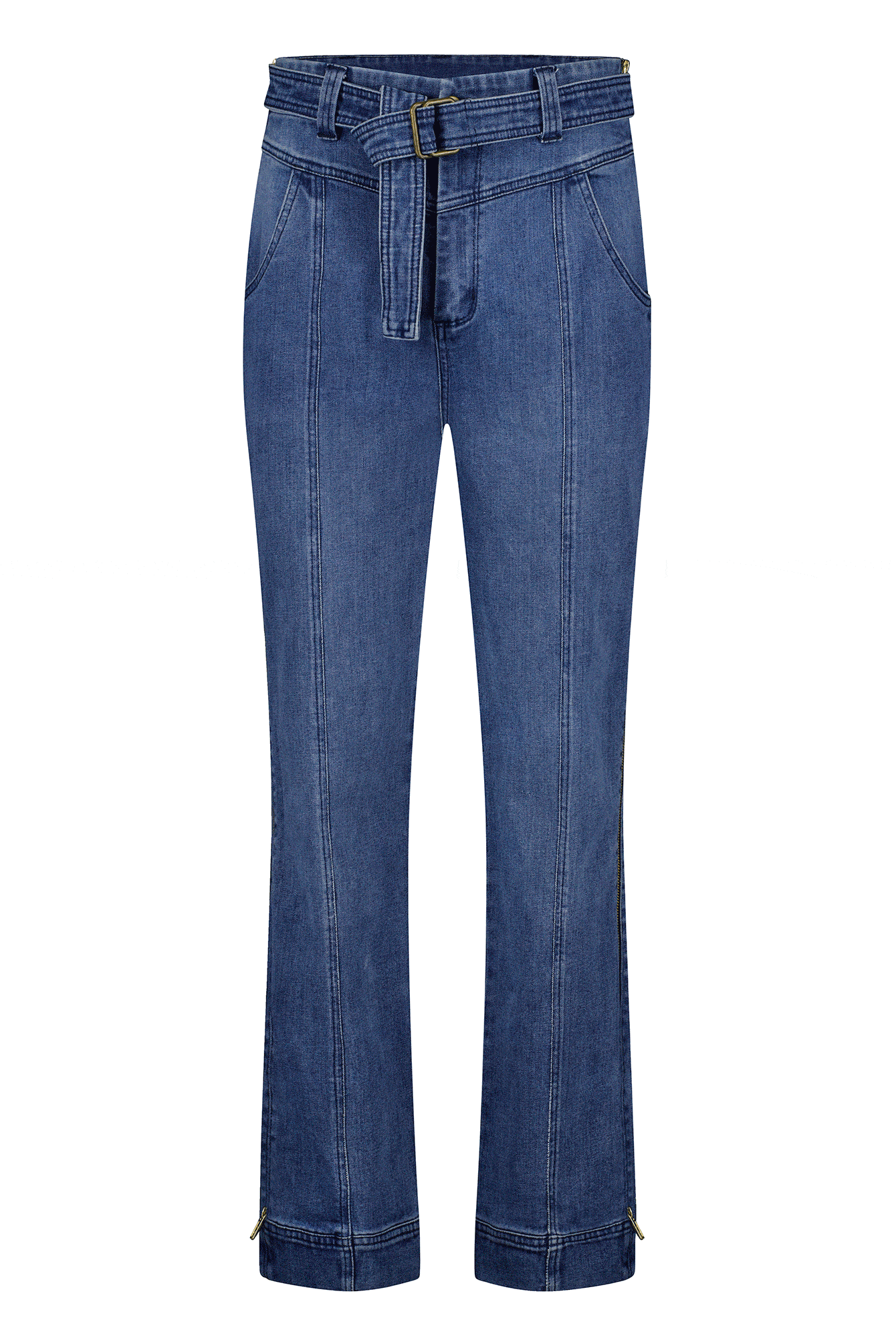 Christina Prosthetic Jeans featuring medium-wash denim with distinctive front seam detailing, adjustable belt, side zippers for accessibility, and wide-leg silhouette with decorative hem cuffs. Specially engineered fabric for durability and comfort.