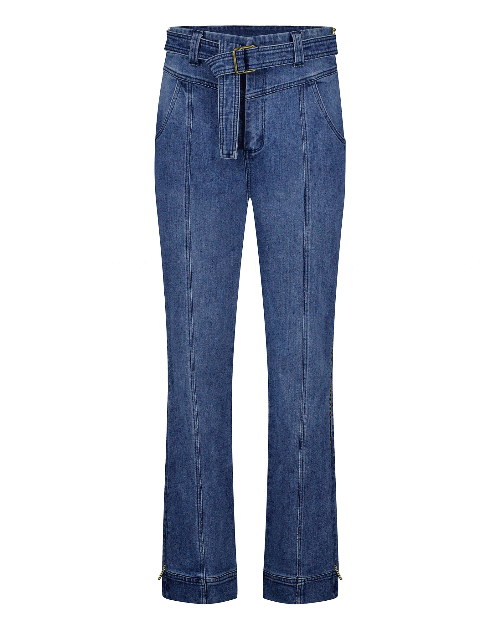 Christina Prosthetic Jeans featuring medium-wash denim with distinctive front seam detailing, adjustable belt, side zippers for accessibility, and wide-leg silhouette with decorative hem cuffs. Specially engineered fabric for durability and comfort.