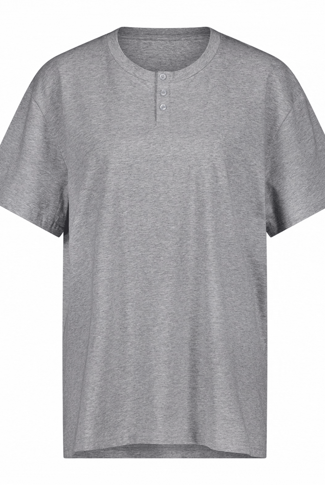 Nick A-Line Tee in heather gray featuring a modern henley neckline with two buttons, short sleeves, and relaxed fit design in spill-resistant technical fabric. Classic casual style with adaptive comfort features for seated wear.