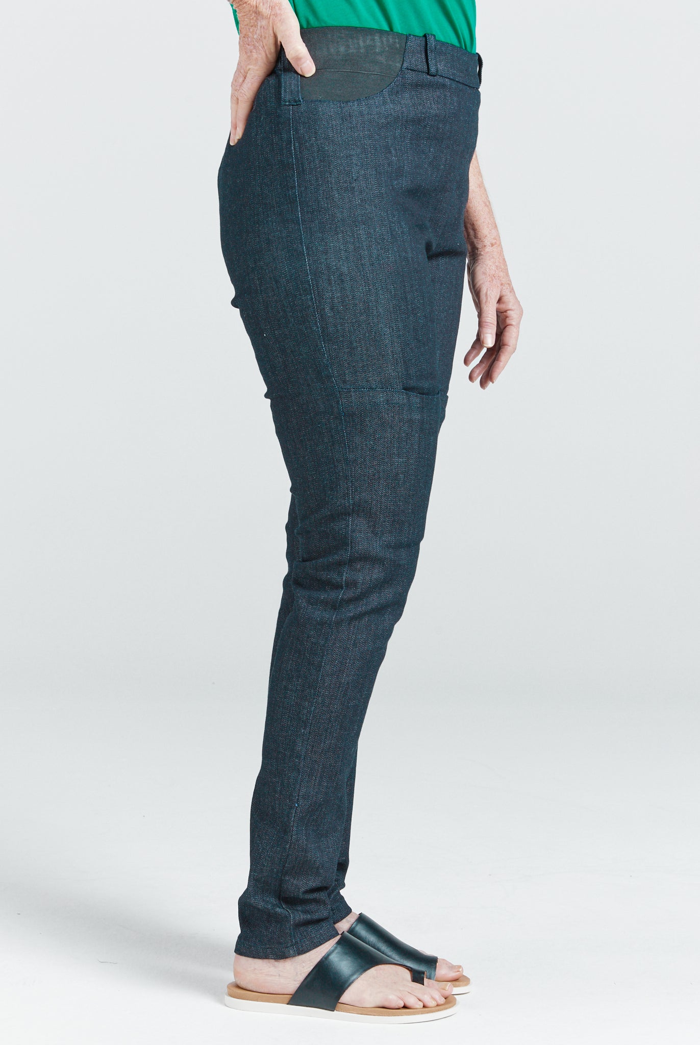 Women's Seated Stretch Pant Indigo dark blue, elastic waist, leg length perfect for seated or standing women.