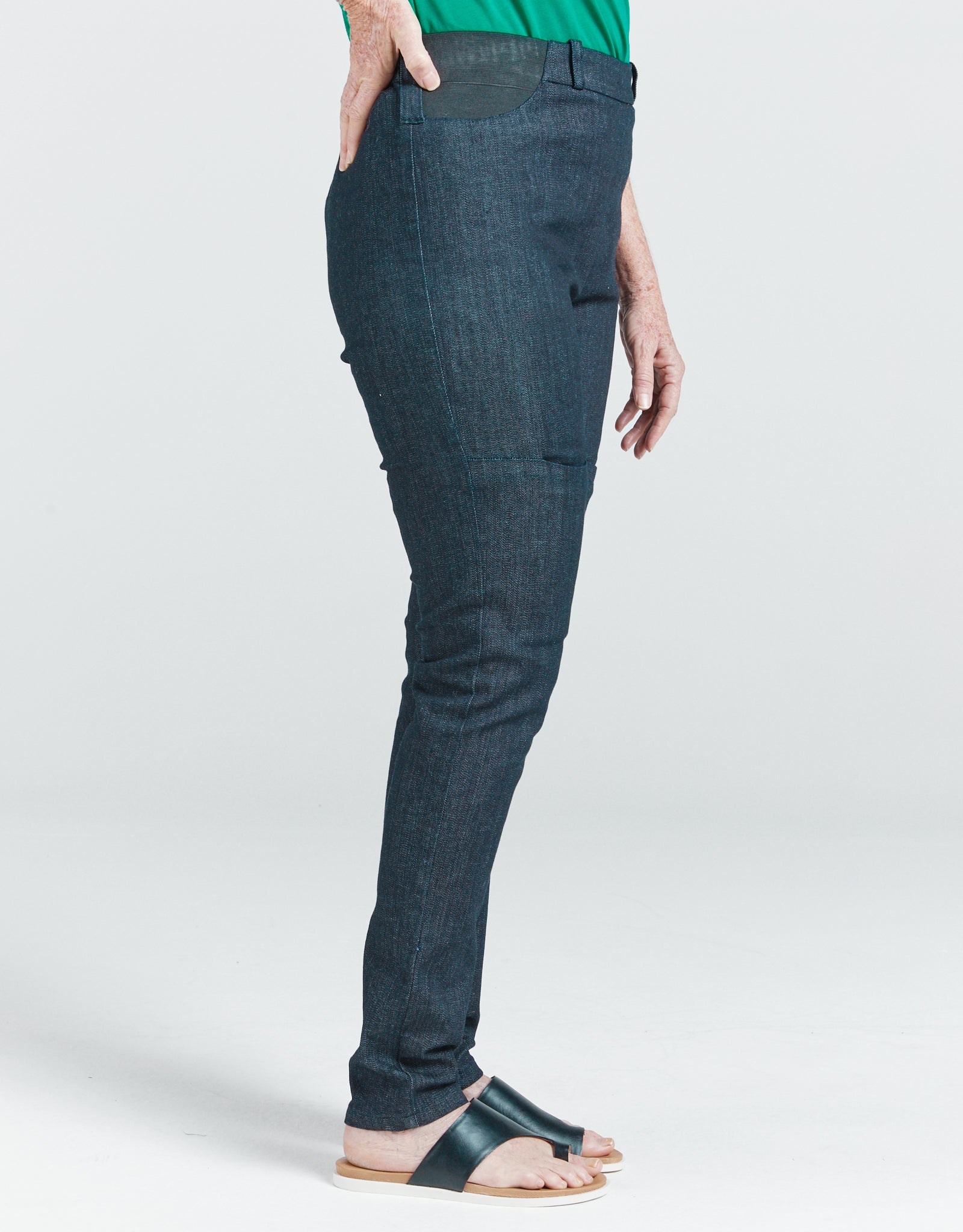 Women's Seated Stretch Pant Indigo dark blue, elastic waist, leg length perfect for seated or standing women.
